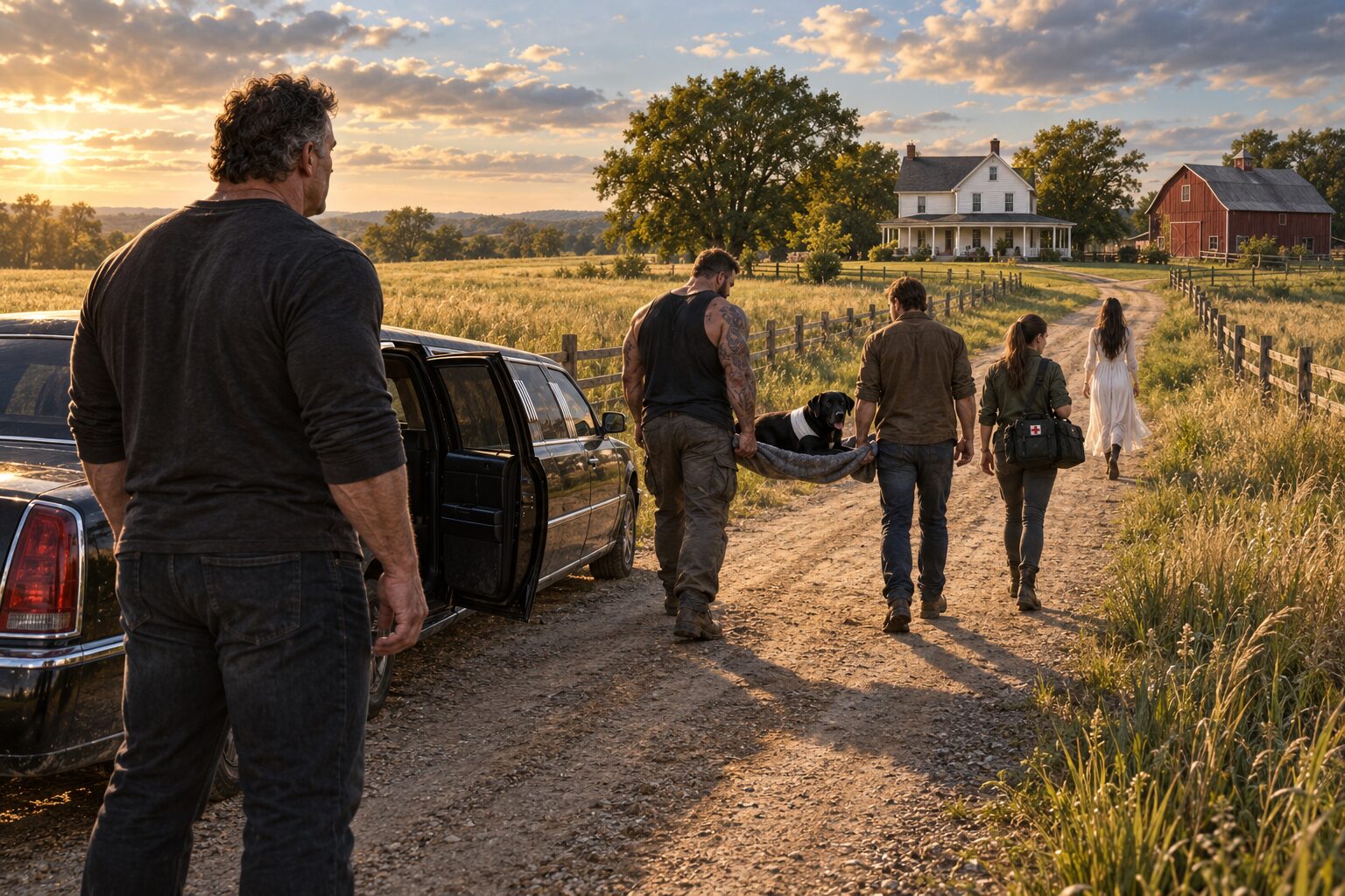 Dan stands beside a stalled black limousine as Gene, Bodhi, Kristy Lee, Rachel, and the wounded Sasha approach a white farmhouse and red barn in golden evening light