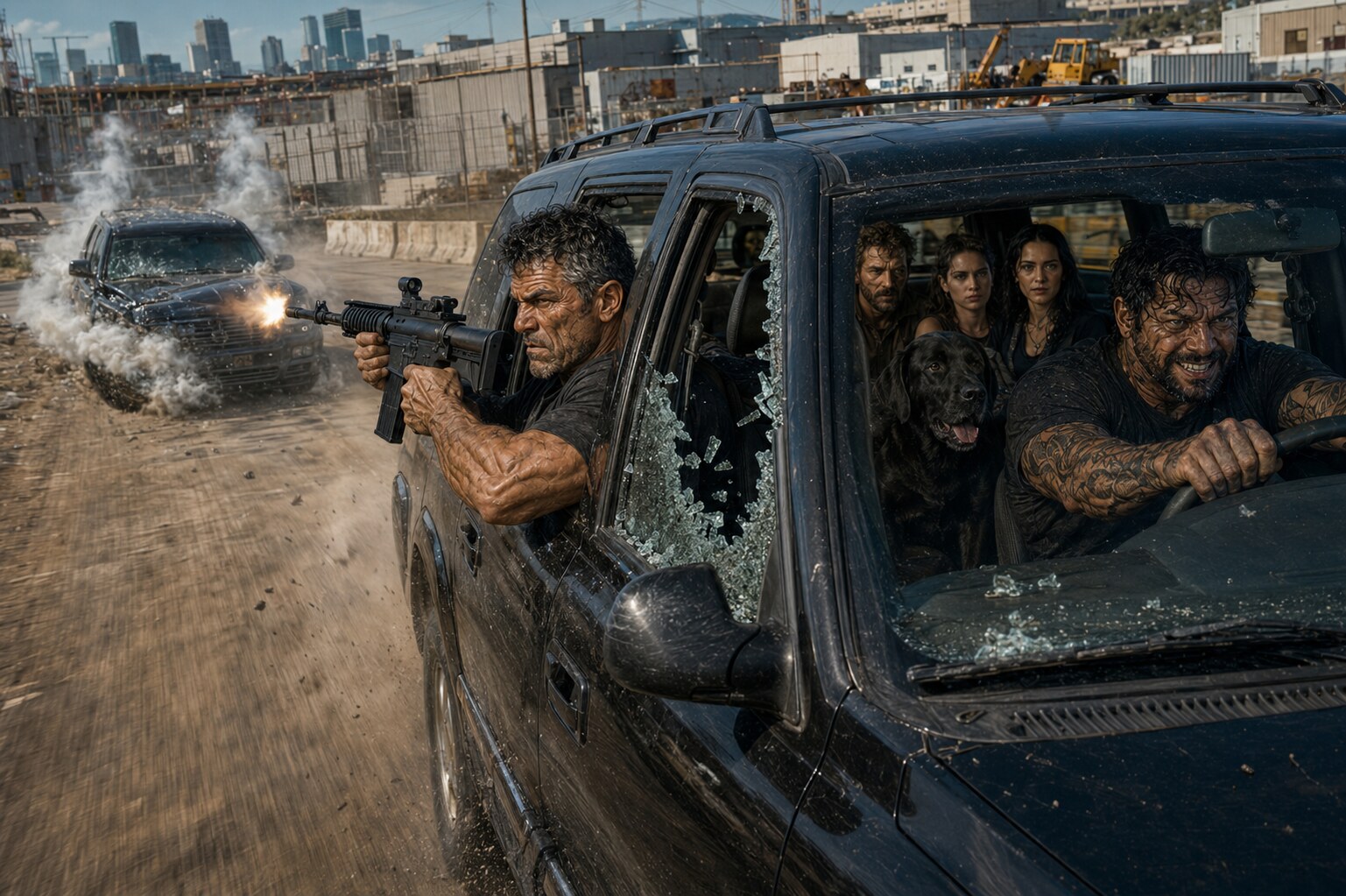 Dan fires from the shattered passenger window of a speeding black SUV while Gene drives and the final pursuing vehicle disappears into smoke behind them