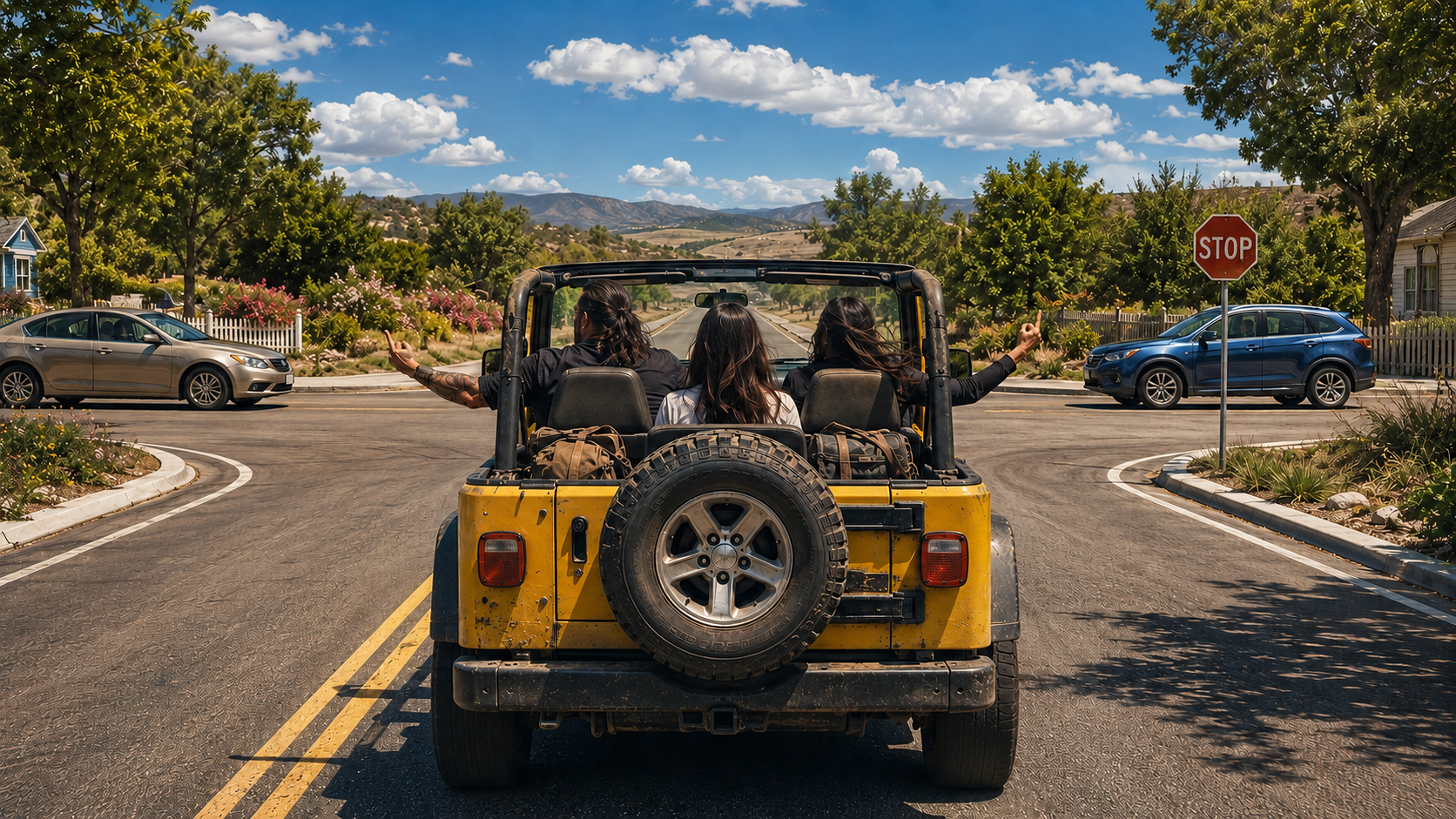 Gene and Kristy Lee raise defiant middle fingers from opposite sides of a yellow topless Jeep as Rachel rides behind them beneath a bright blue sky