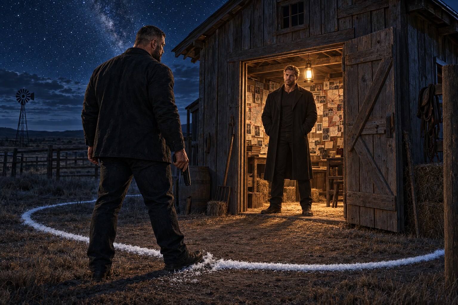 Dan breaks the salt circle outside Mama’s barn at night and finds the blond-haired John waiting beneath a lantern amid maps, photographs, and red string