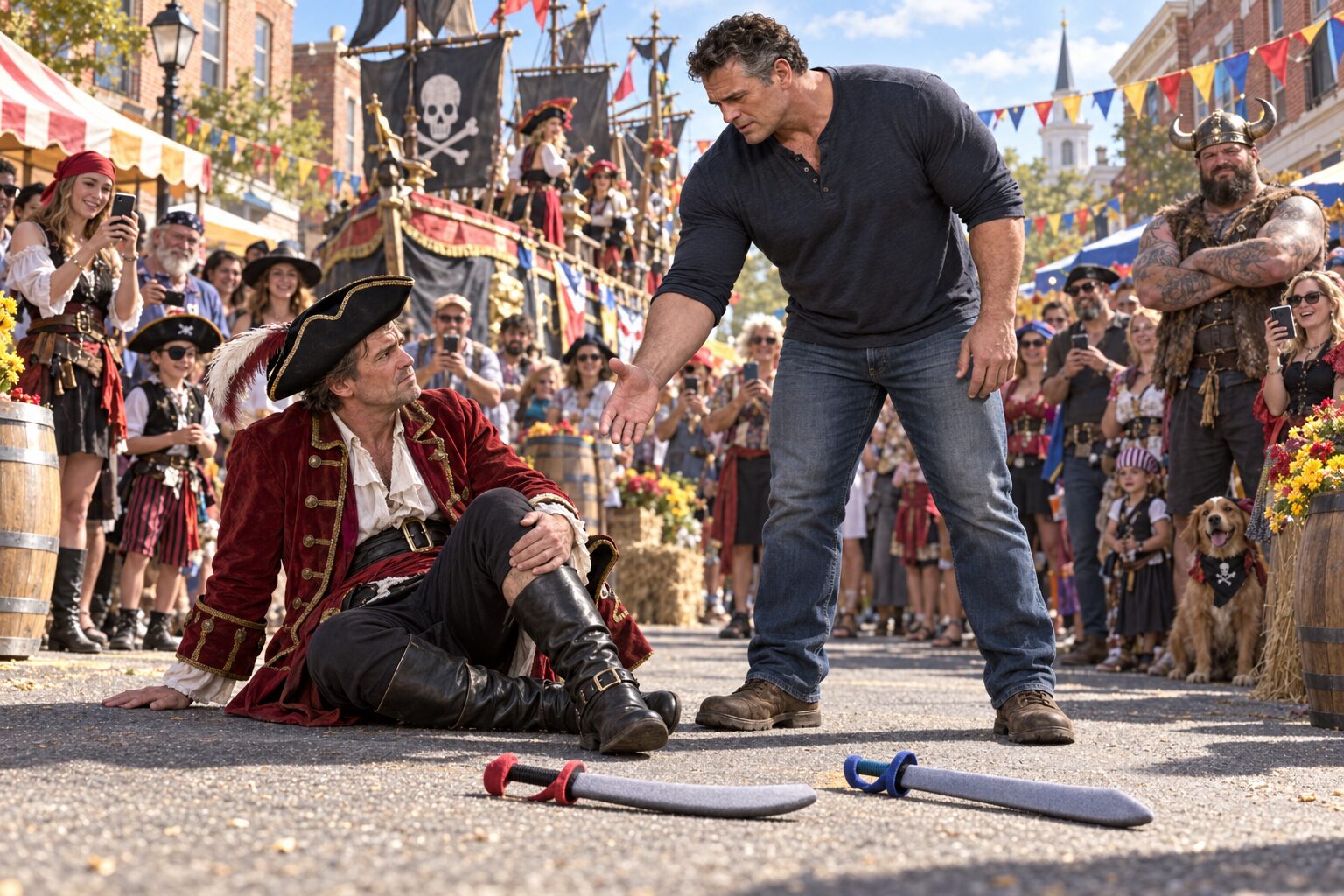 Dan offers his hand to Wade after the pirate-costumed former quarterback falls during their foam-sword duel at the colorful Decadence Day festival