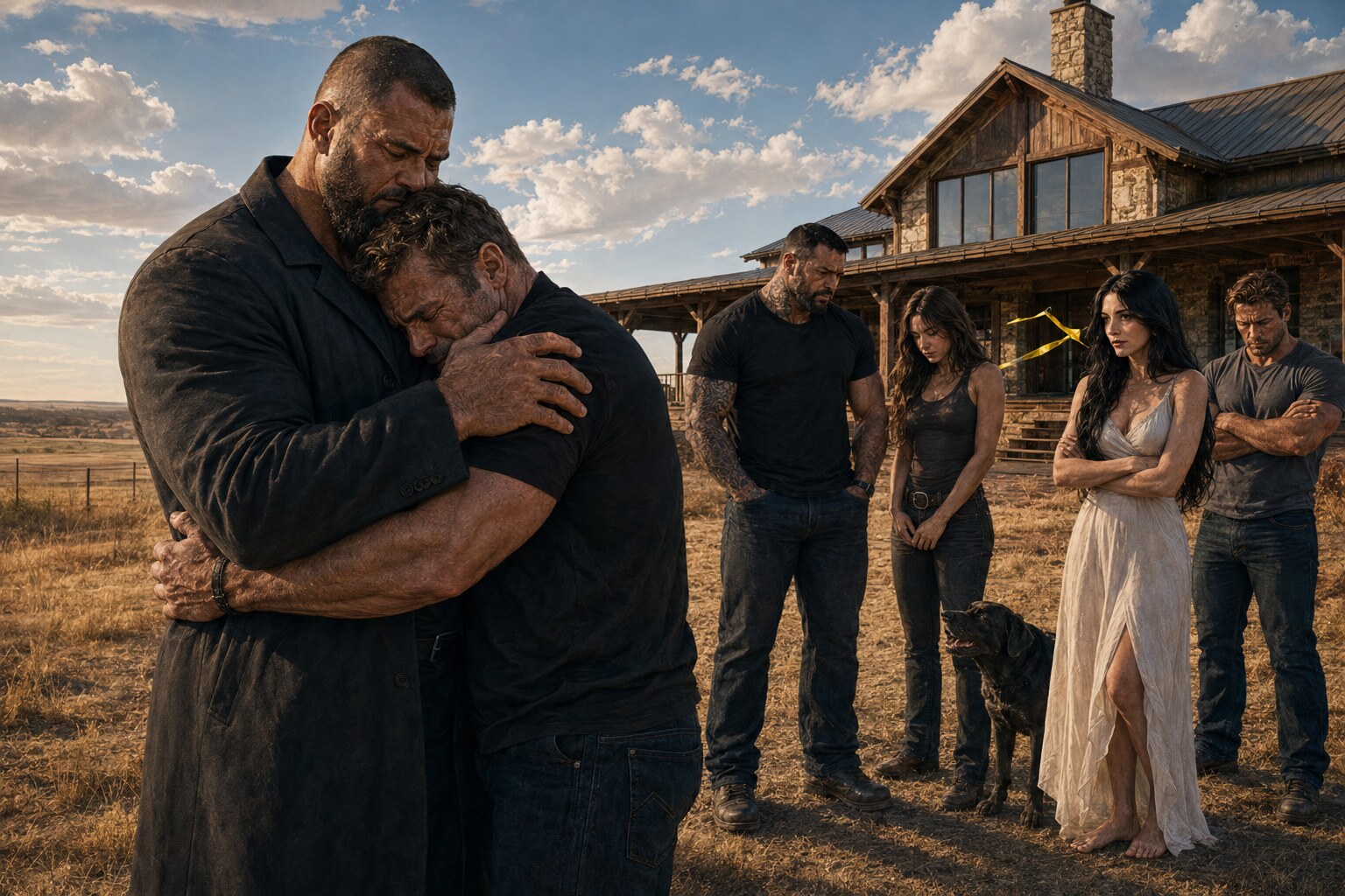 Dan breaks down in Nain’s arms outside the Texas ranch while their companions stand nearby and Rachel watches with unsettling calm