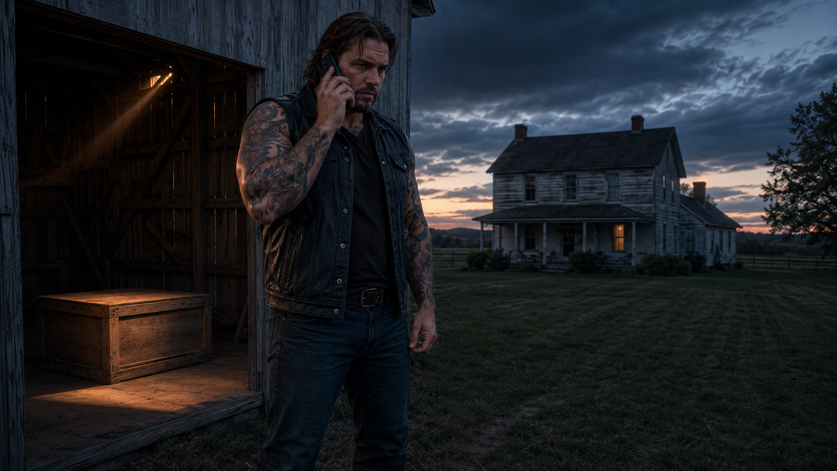 Gene taking a tense phone call outside the farmhouse barn at twilight