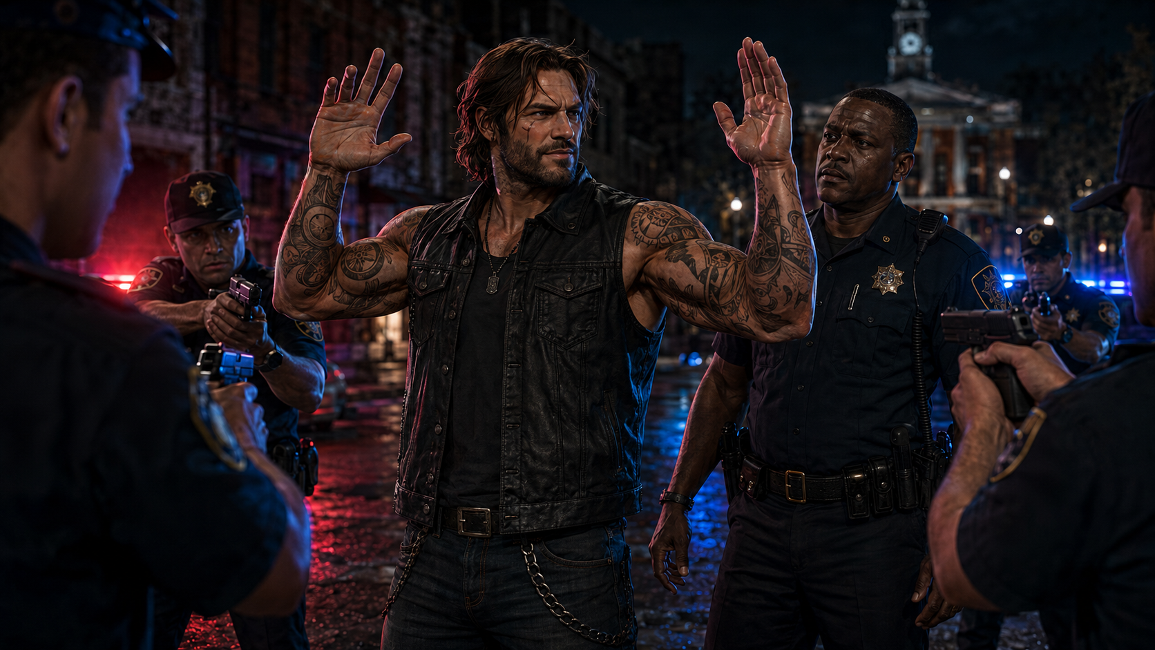 Gene standing with his hands raised as Captain Henderson and police surround him under red and blue lights