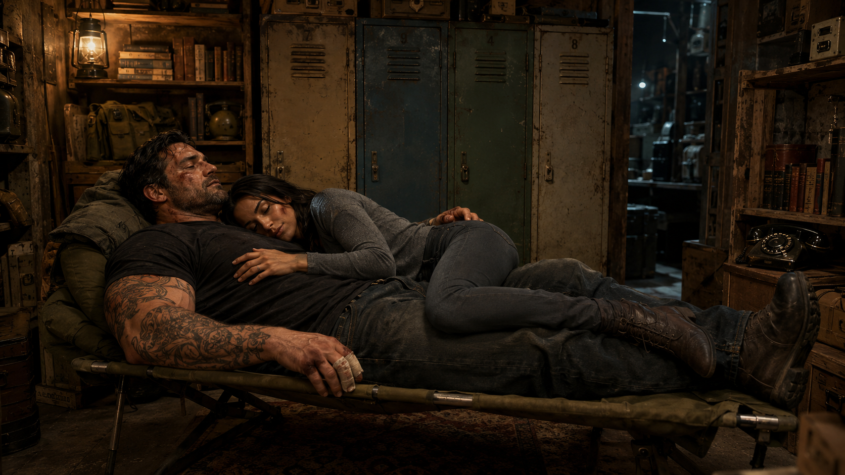 Gene and Kristy Lee resting together on a narrow army cot among old lockers, books, and military surplus in the hidden back room of Tabitha’s shop