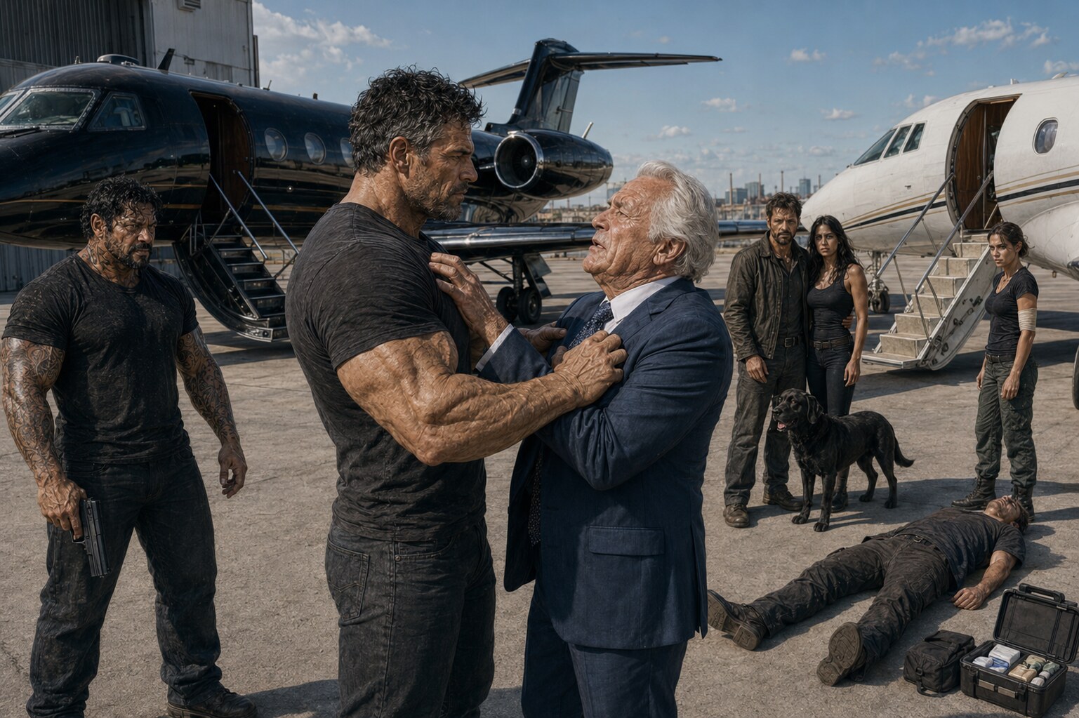 Dan rejects Albert Davidson between two private jets while Gene stands armed nearby and the others wait beside Dan’s plane