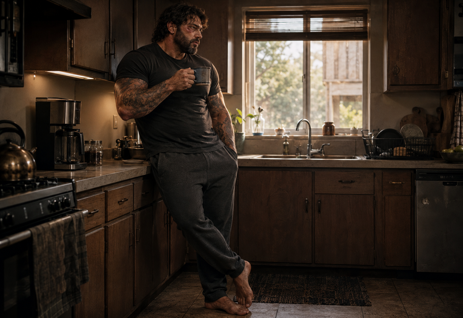 A bruised Gene leaning casually against his kitchen counter with his ankles crossed while drinking coffee in the morning light