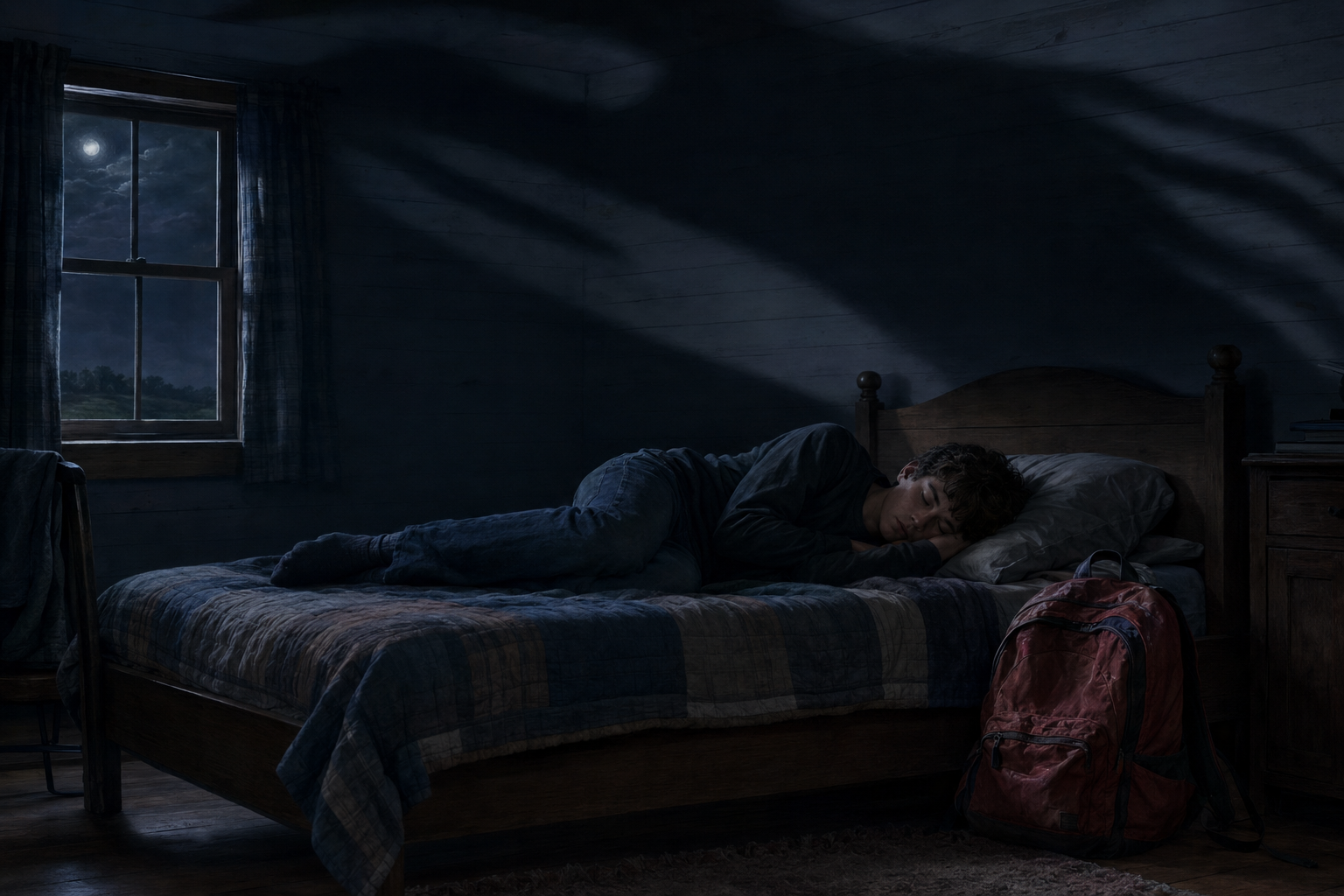 An unnatural shadow hovering over Tomas as he sleeps, with Red nearby in the dark bedroom