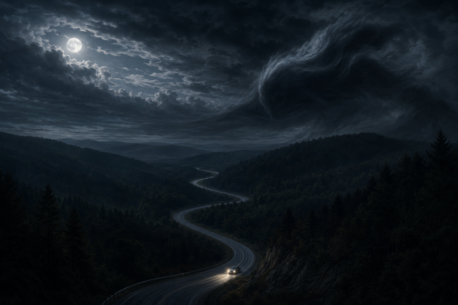 A dark spirit hovering above a moonlit curving highway as one lone car winds through the wooded hills