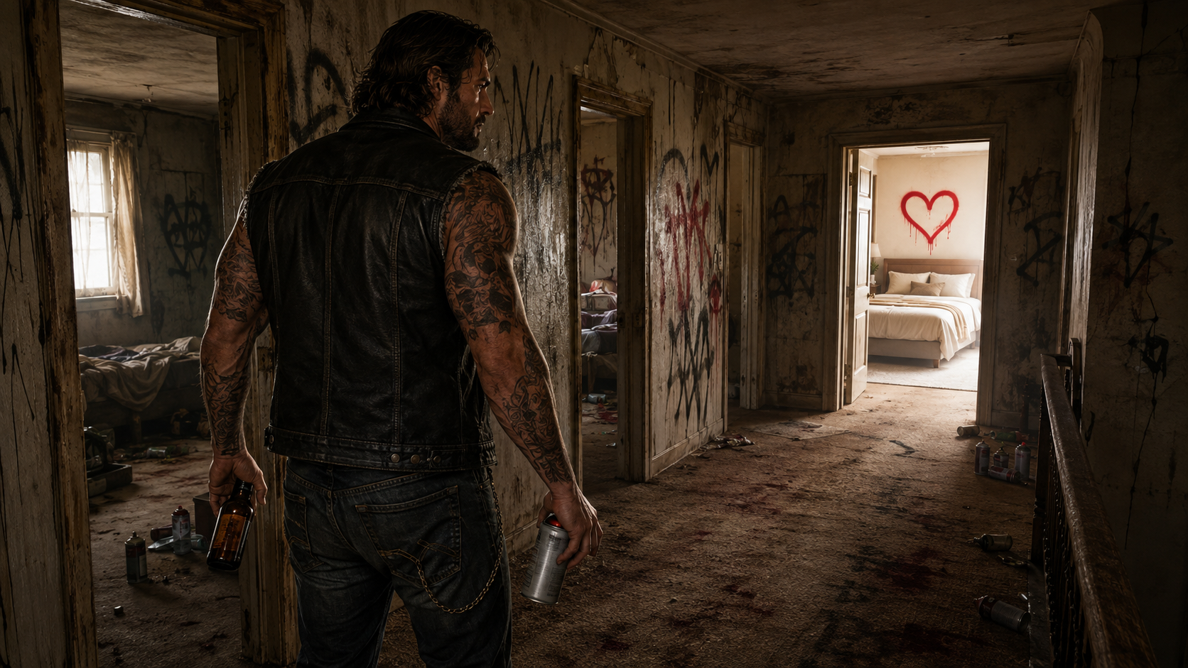 Gene exploring the graffiti-covered upstairs hallway of an eerie farmhouse