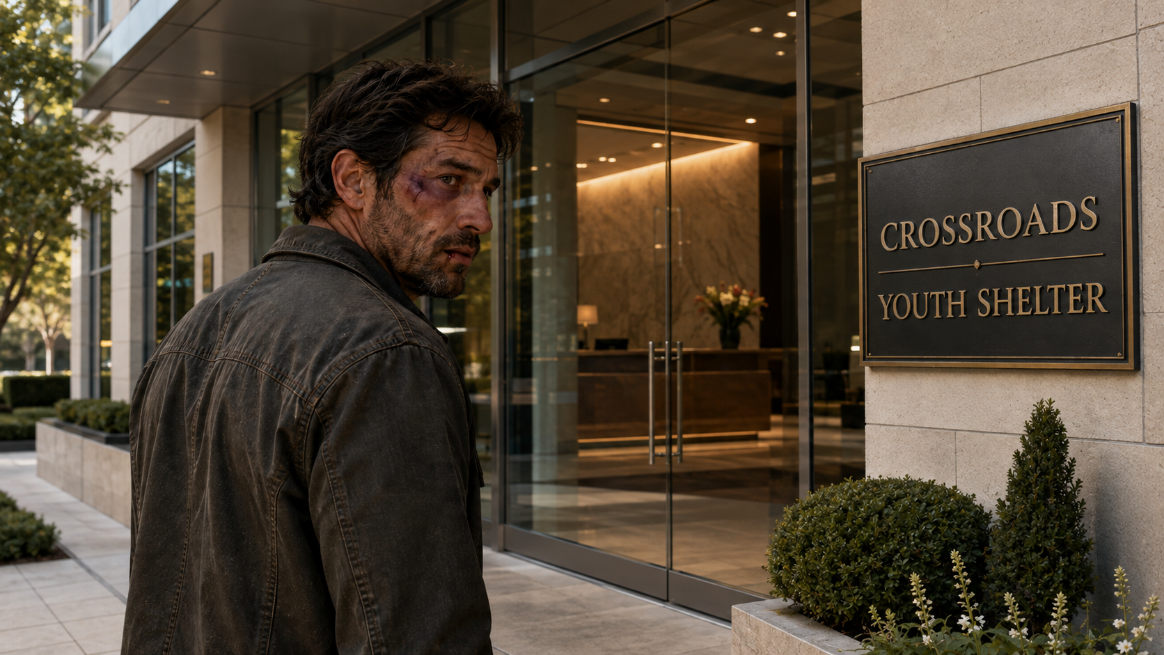 A bruised Bodhi approaching the pristine glass-and-stone entrance of the luxurious Crossroads Youth Shelter headquarters