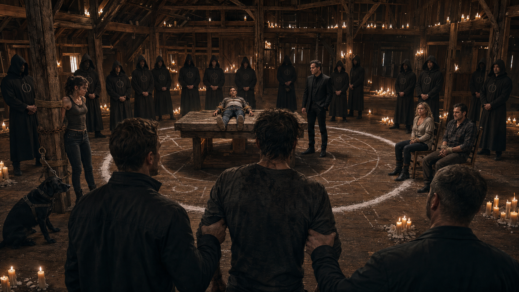 Bodhi being held inside a candlelit ritual barn as the hooded Order surrounds Sam, Sasha, Tyler, Francine, Harold, and Vincent Crowe around a salt circle