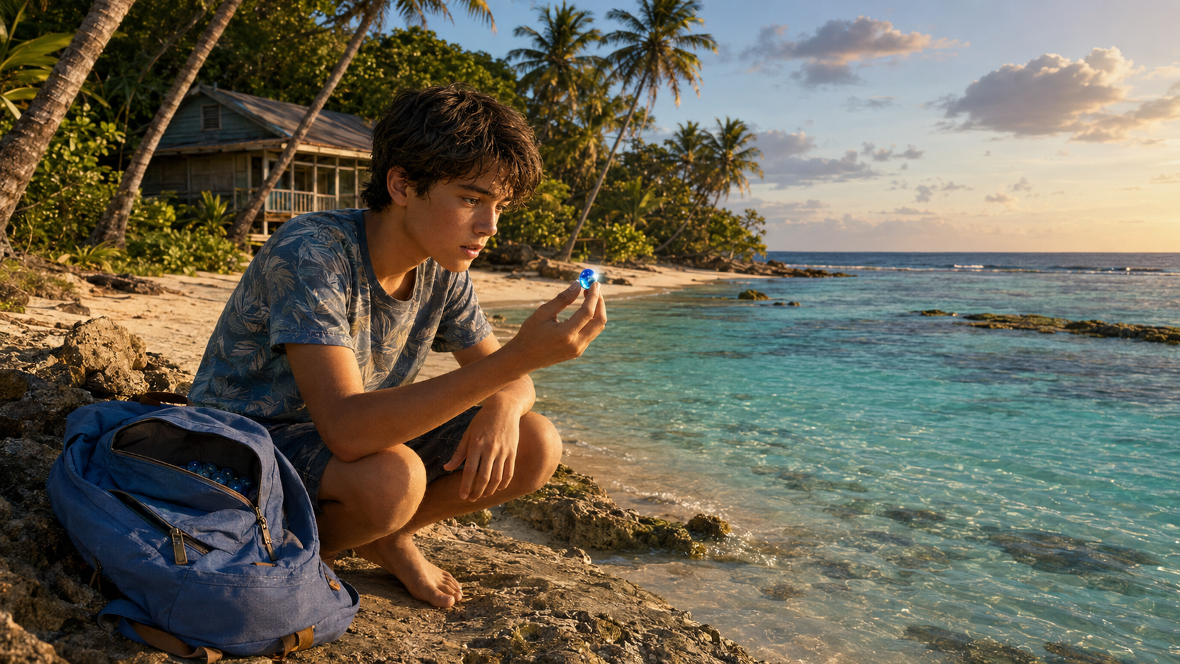Tomas discovering a smooth blue stone in the clear shallows of a tropical beach beside his blue bookbag