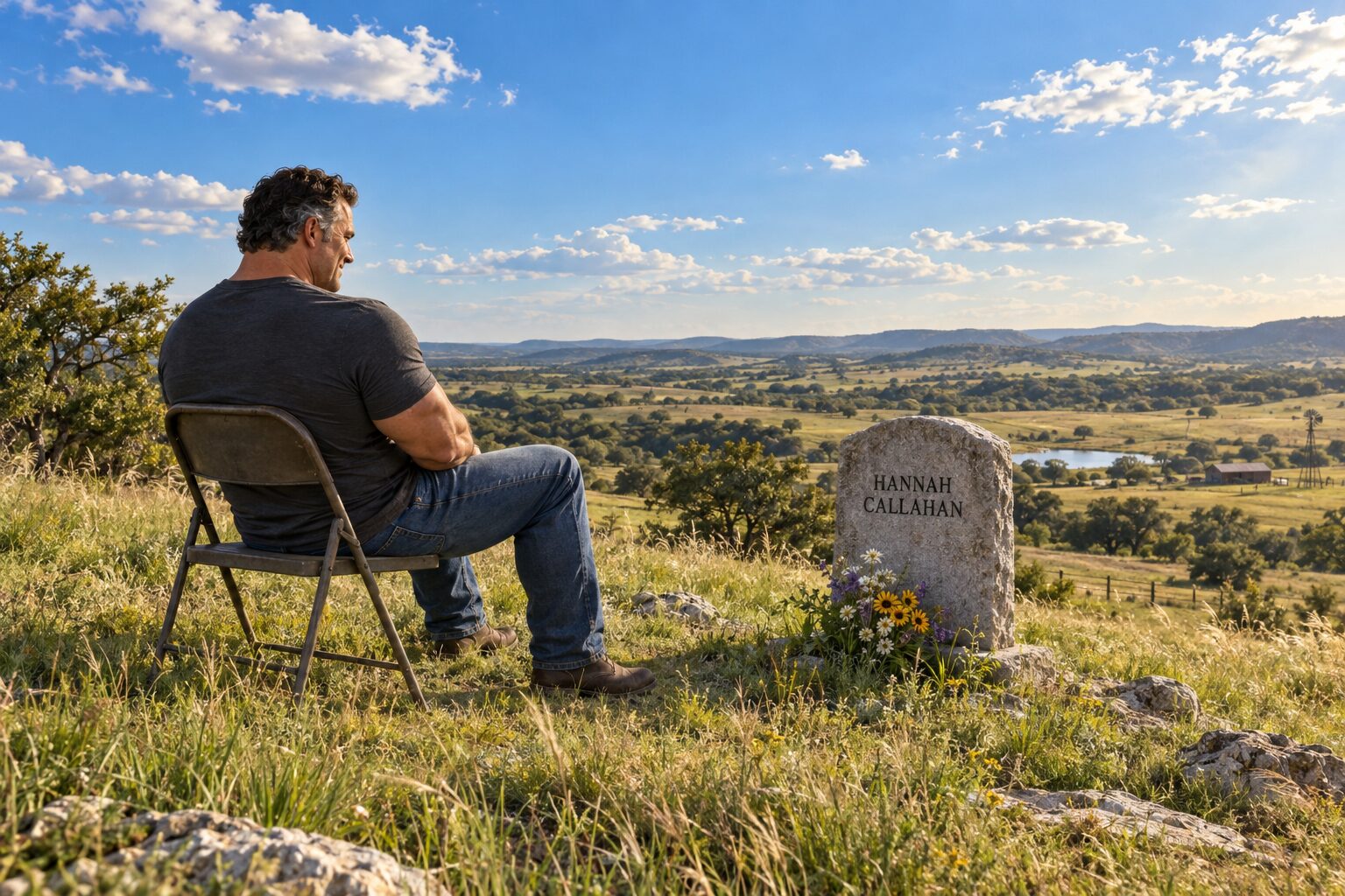 Dan sits in a folding chair beside Hannah Callahan’s grave, talking to his mother beneath a vast blue sky overlooking the rolling Texas ranch hills