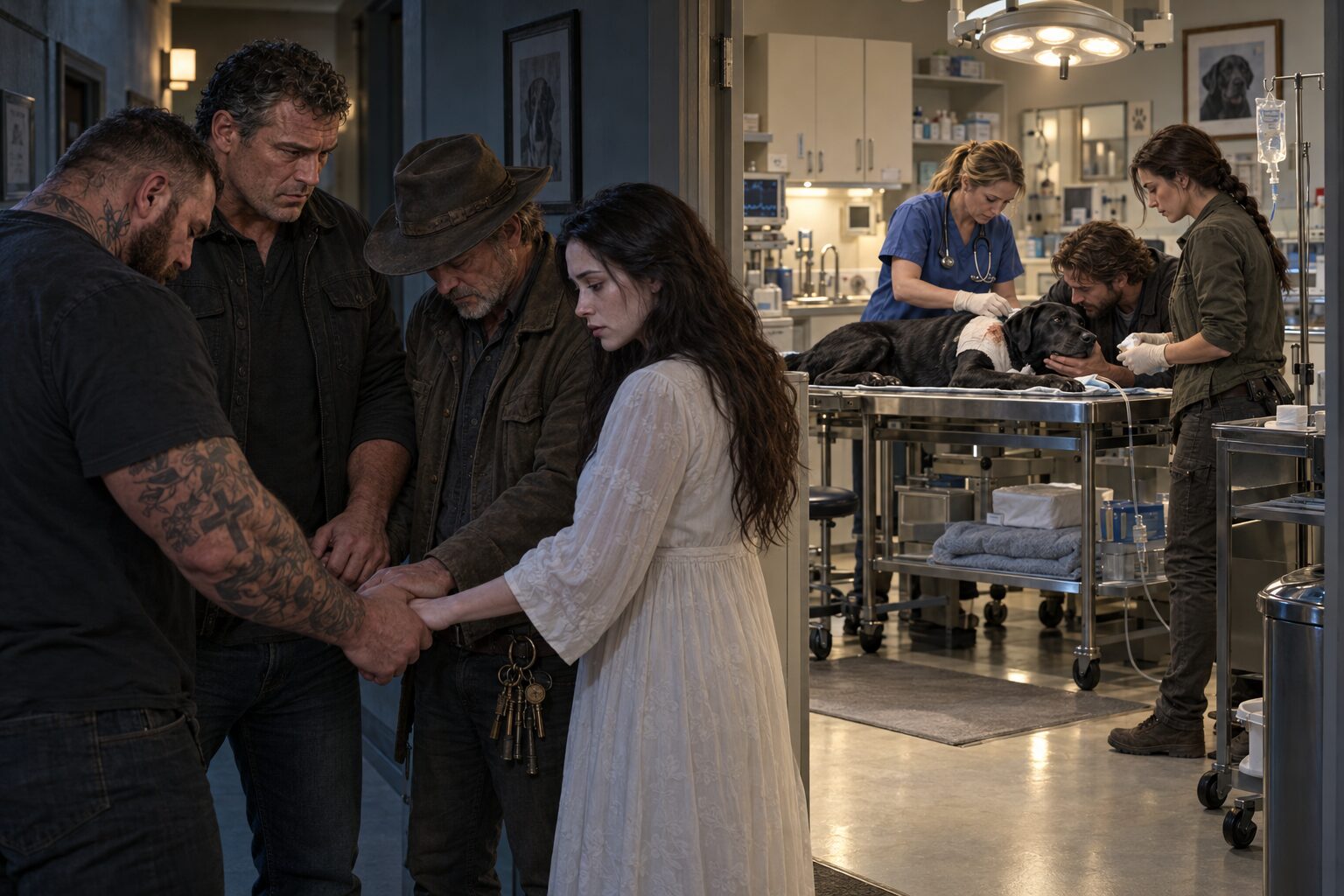 Dan, Gene, Willard, and Rachel join hands in prayer outside a veterinary treatment room while Felicia and Kristy Lee work to save Sasha beside Bodhi