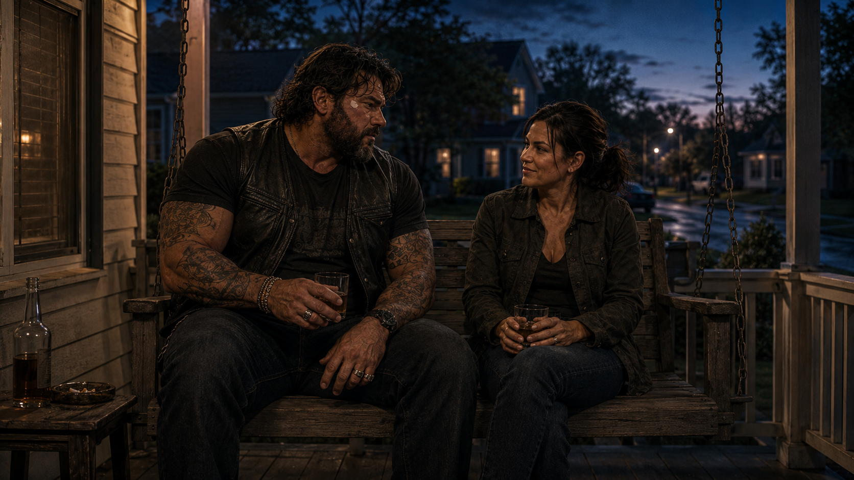 Gene and Kristy Lee sharing drinks and an intimate conversation on his porch swing late at night