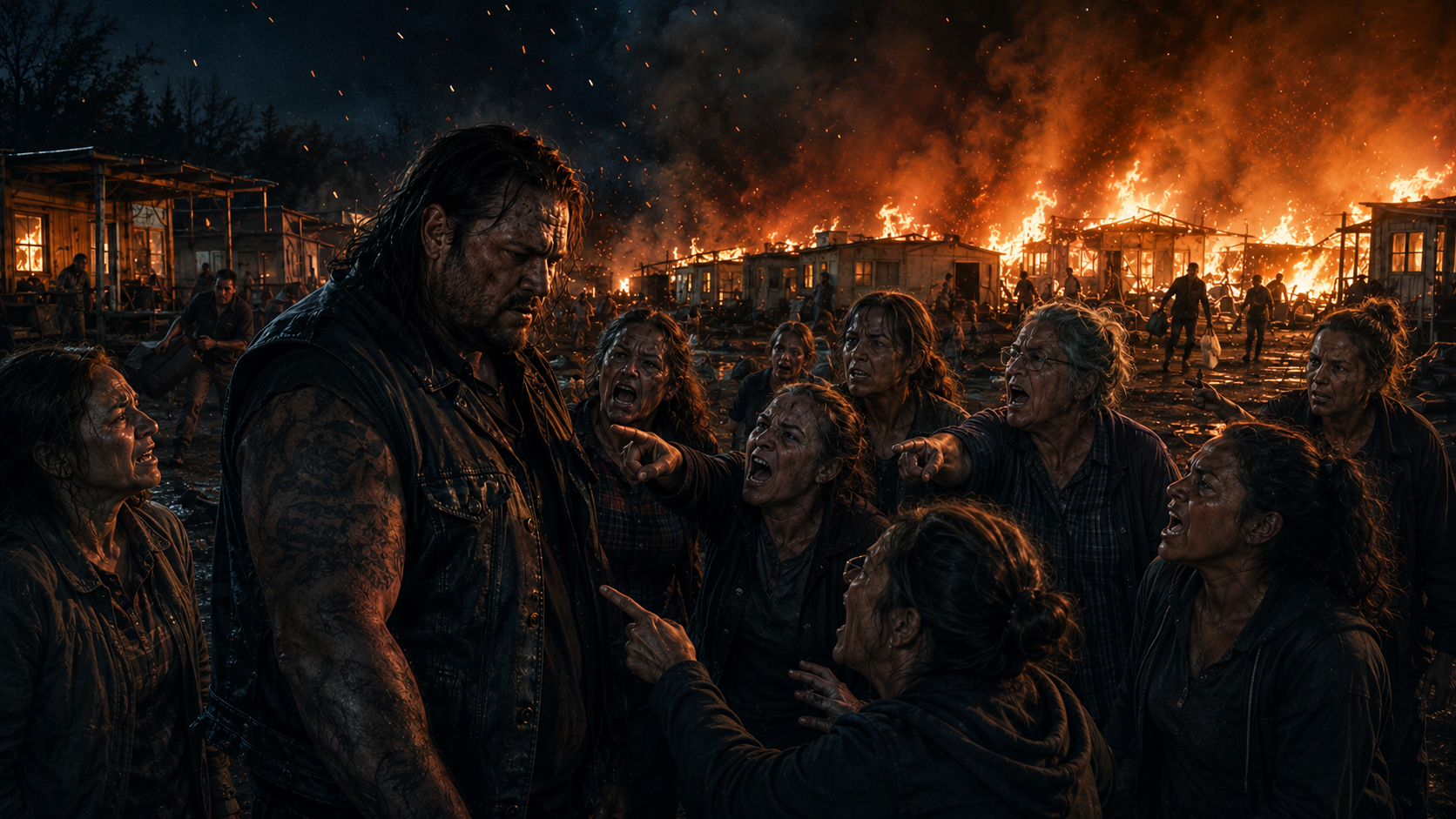 Gene standing guilty and overwhelmed as women from the Village angrily confront him while their homes burn behind them