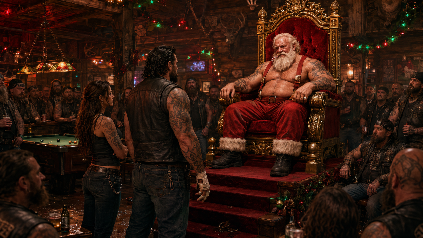 Kringle holding court from a red velvet throne inside his Christmas-themed biker bar as Gene, Kristy Lee, and the assembled bikers stand before him