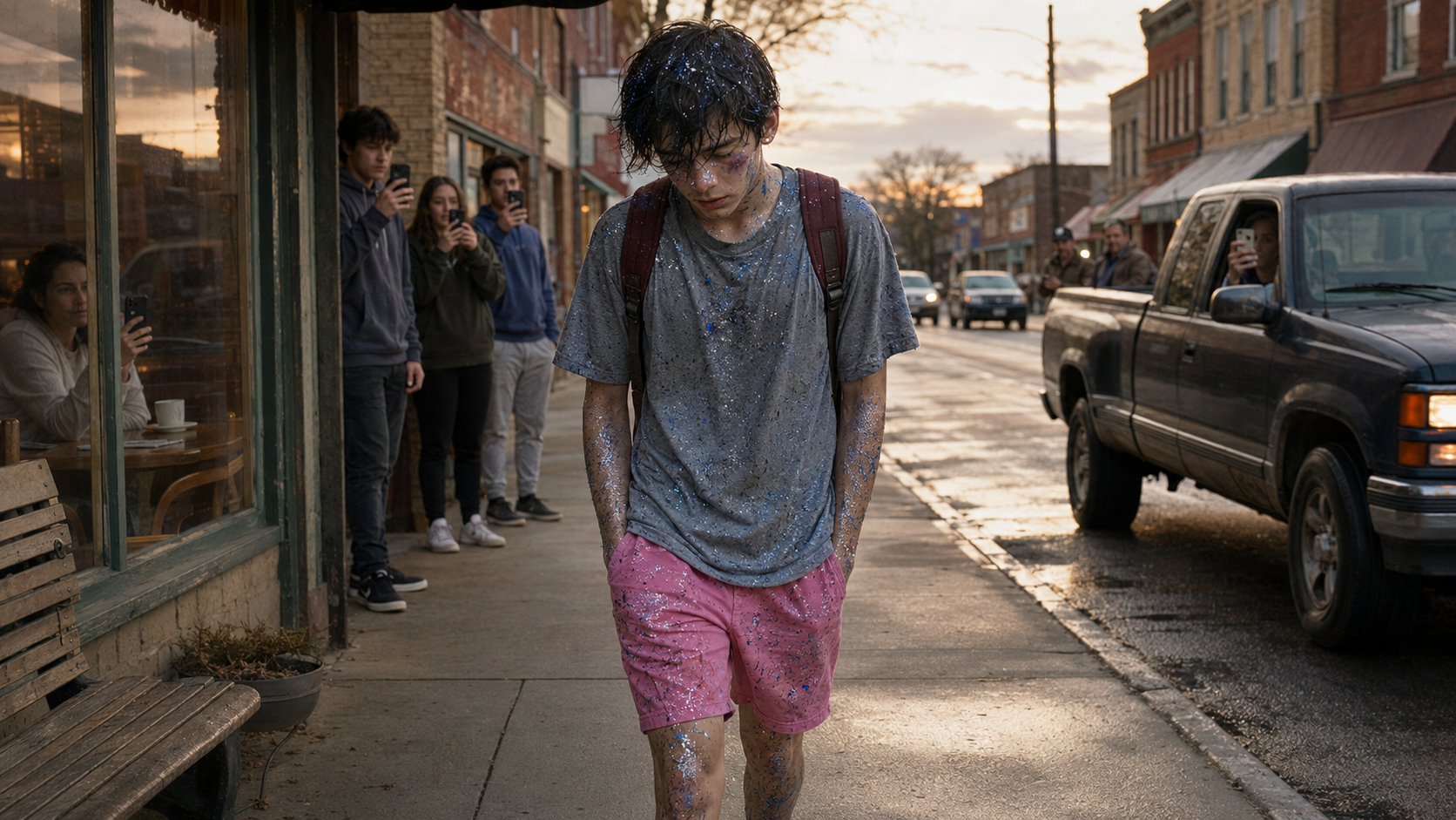 Tomas walking through town covered in glitter, wearing short pink gym shorts and a tight gray shirt with Red on his back as people photograph him