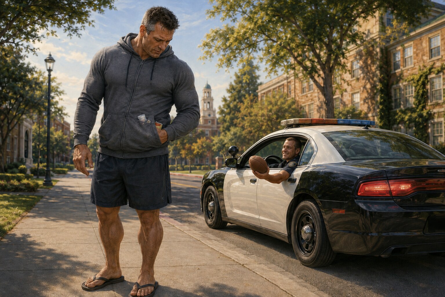 Dan Callahan looks down at the narcotics bulging from his hoodie pocket as a smiling campus police officer drives away holding an autographed football