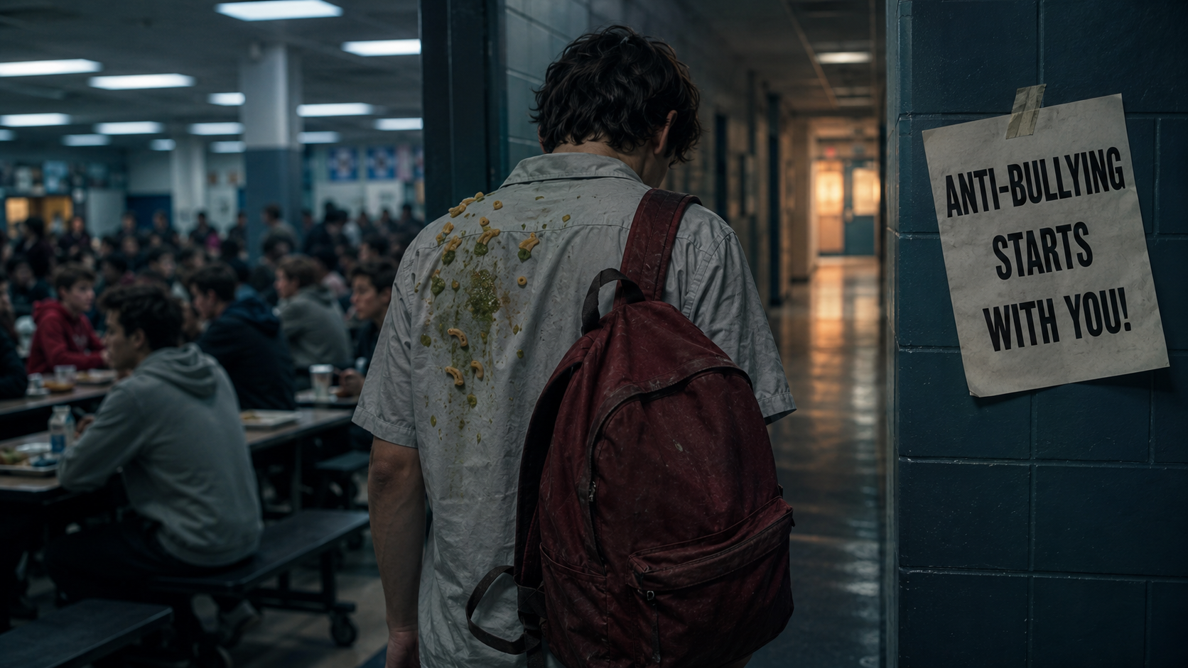 Tomas, his shirt stained with cafeteria food and Red hanging from one shoulder, walking out beneath a crooked anti-bullying poster