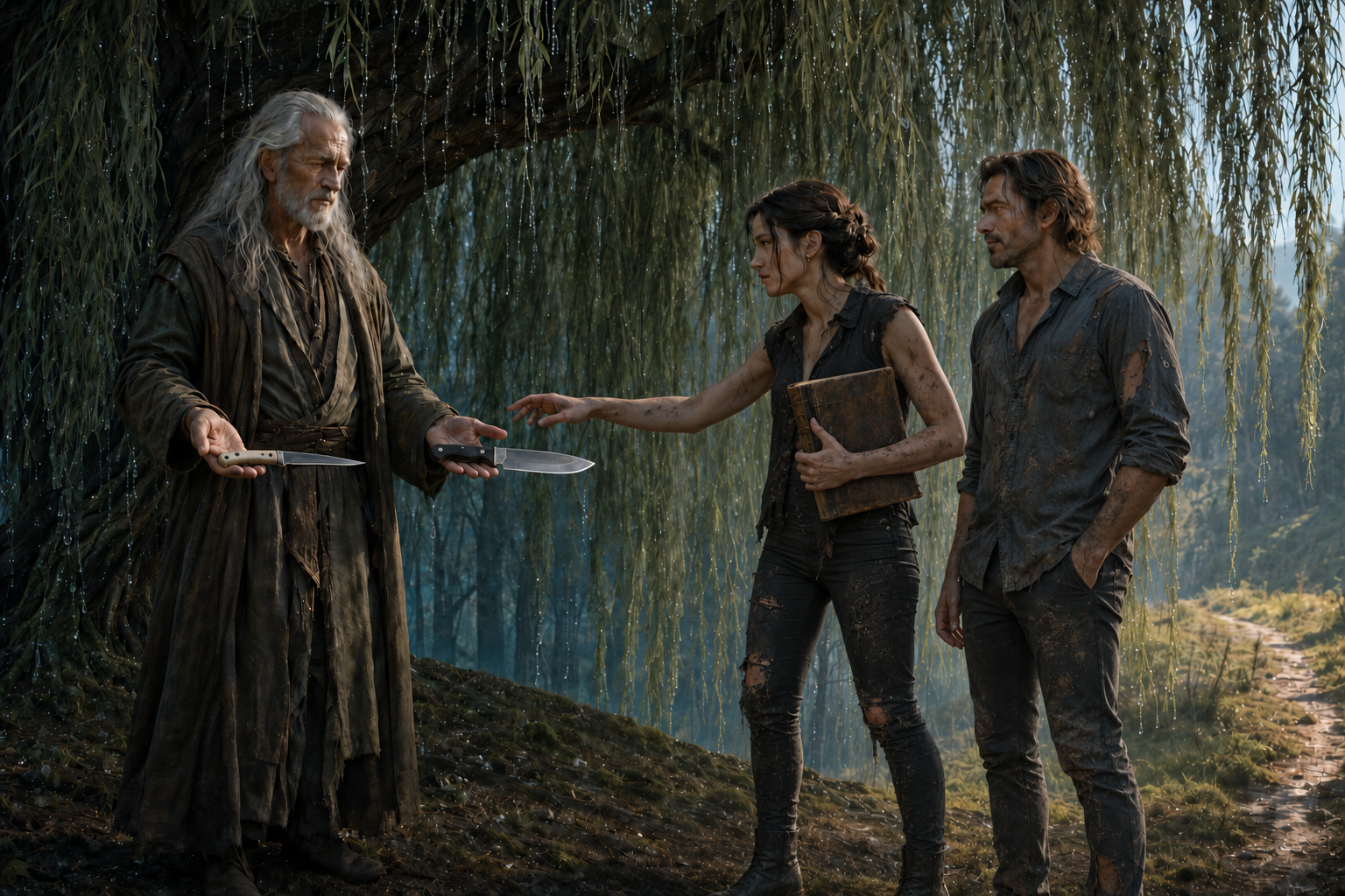 Beneath the Weeping Willow, Tess reaches for a large black-handled knife offered by Simon while holding the ancient book and Clint waits unsuspectingly beside her