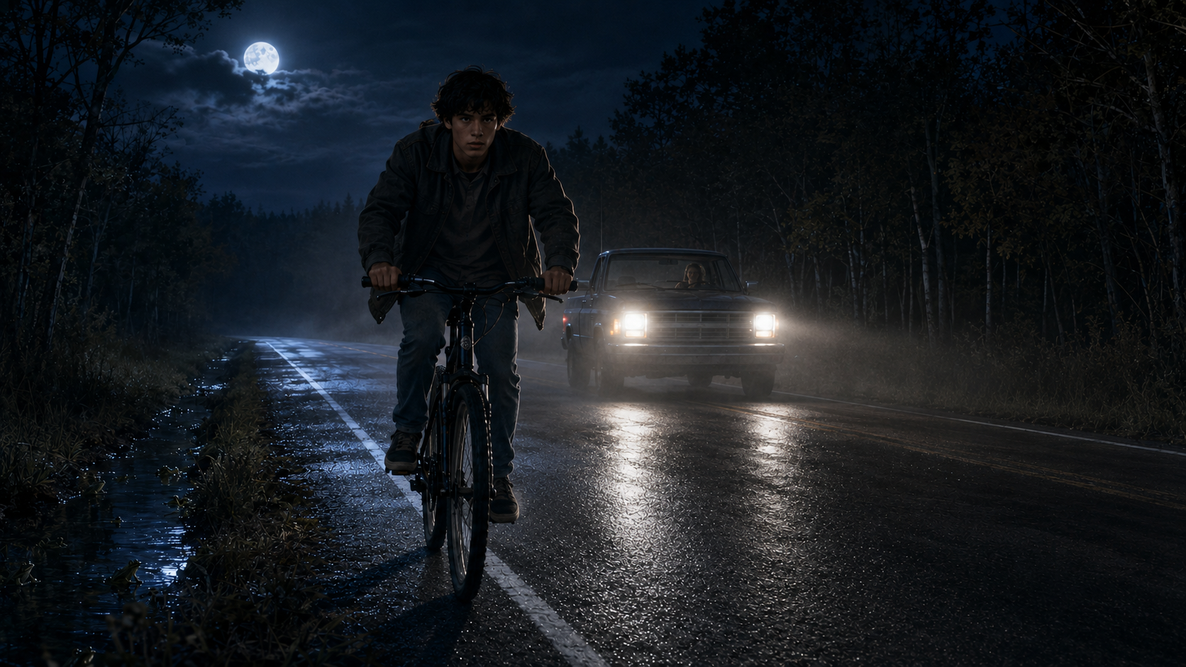 Tomas riding his bicycle along a dark rural road as Courtney’s headlights approach from behind