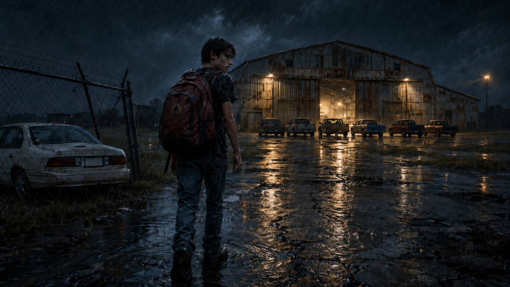 Tomas and Red crossing a rain-flooded abandoned runway toward the warmly lit hangar where Kay and her crew are hiding