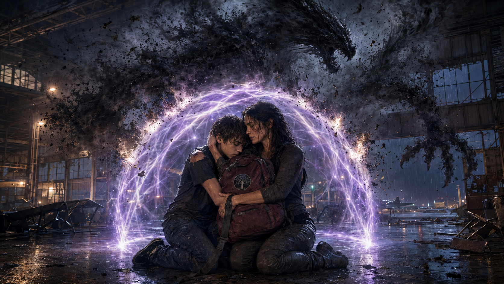 Tomas, Kay, and Red holding one another inside a purple-white shield as the Collector crumbles into smoke and ash above them