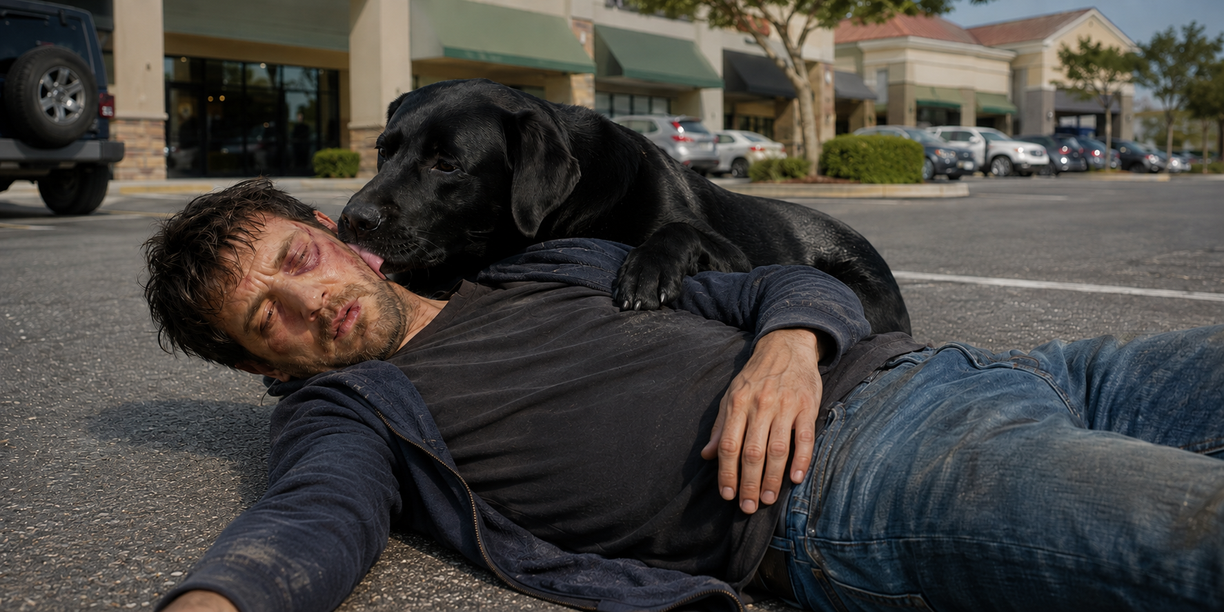 A battered Bodhi lying on the pavement of a strip-mall parking lot with a black eye while Sasha, his black Labrador, licks his cheek