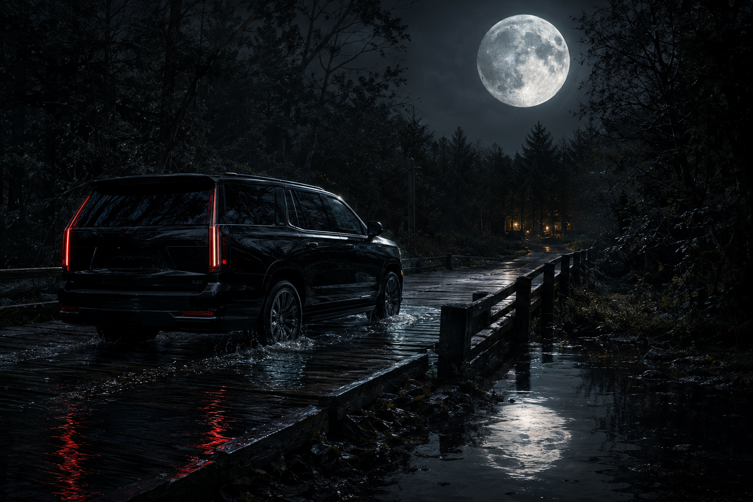 A black SUV crossing a moonlit flooded overpass toward distant golden lights in a dark forest