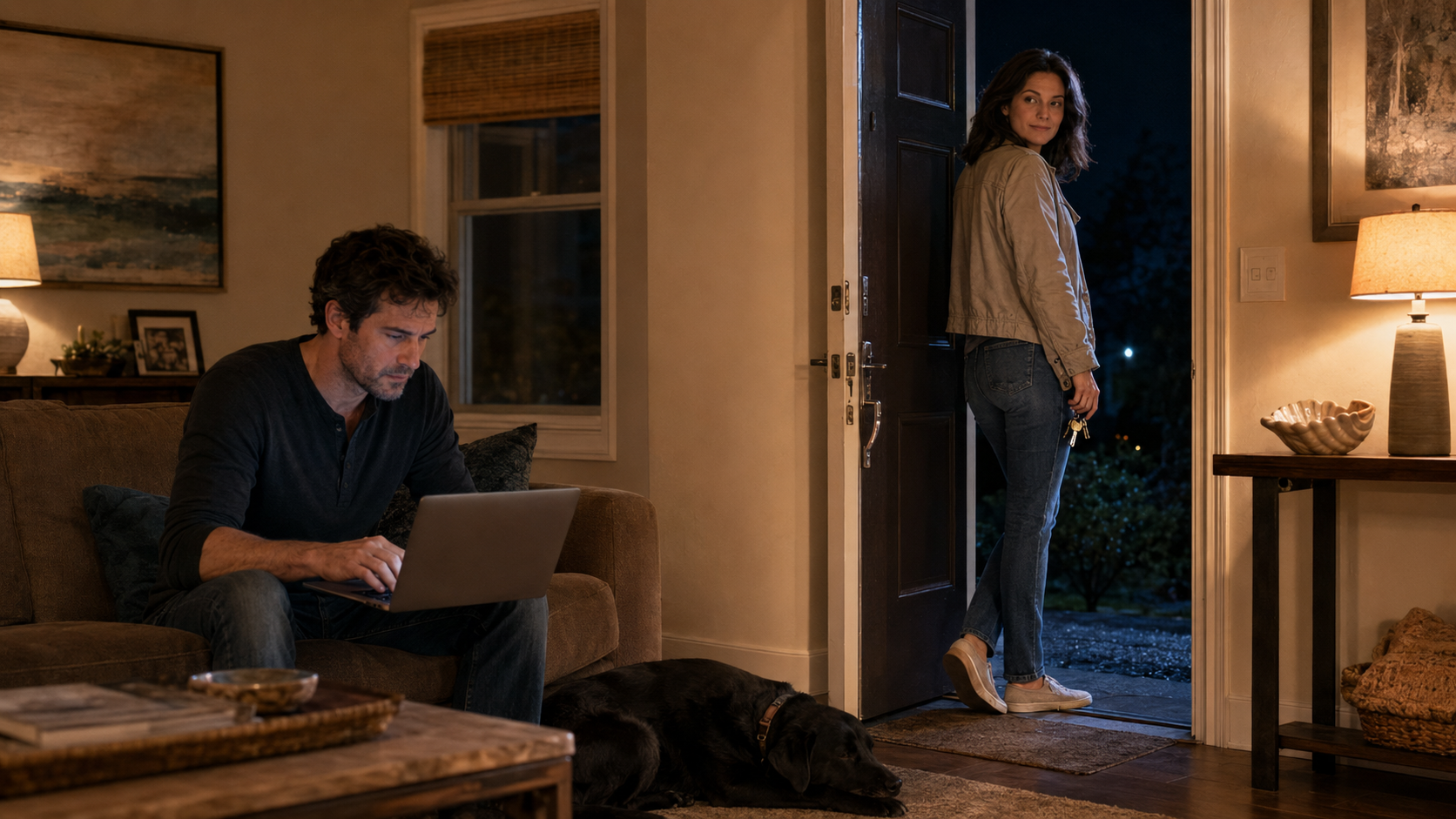 Rachel halfway through the front door looking back while Bodhi works on his laptop and Sasha sleeps at his feet