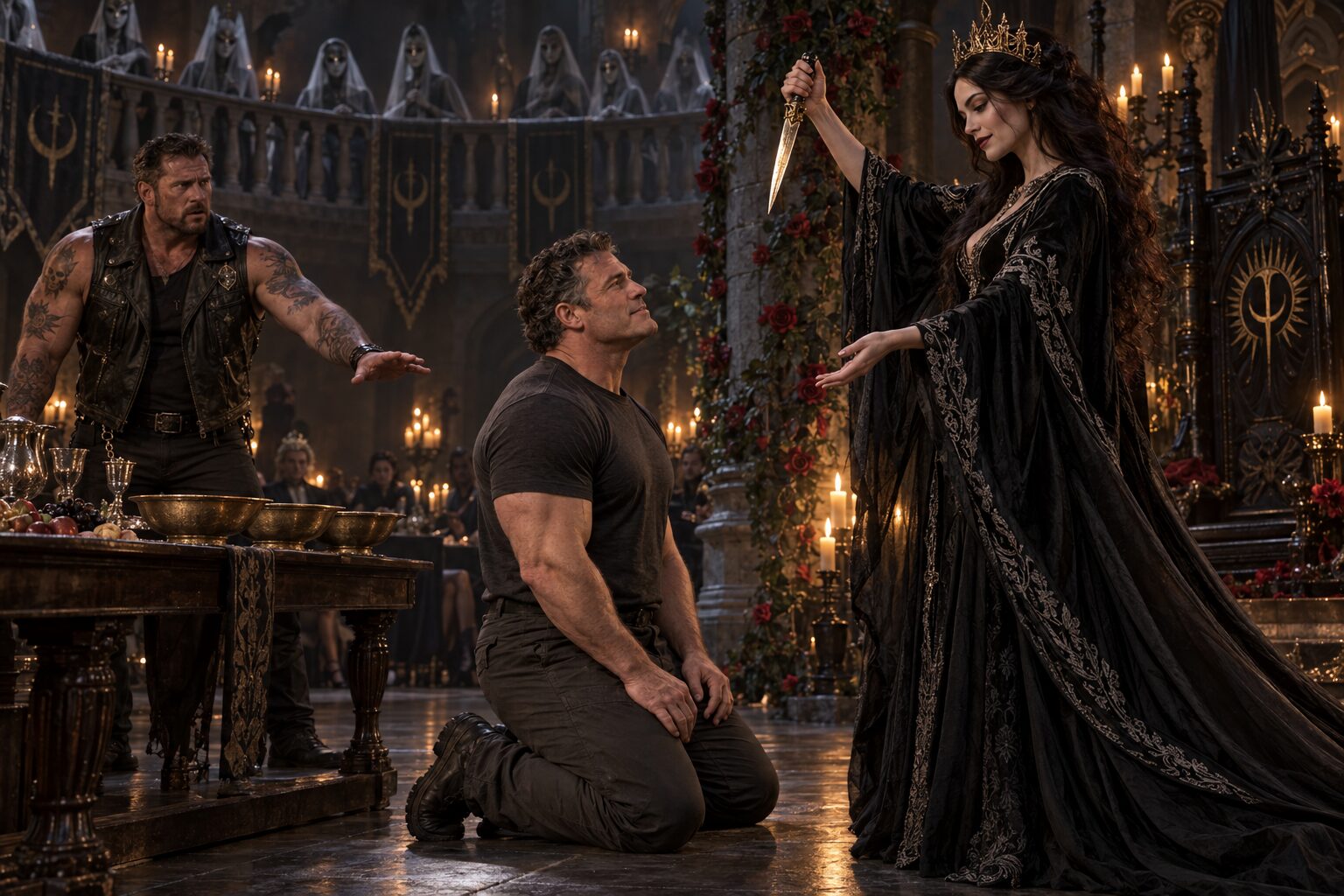 Dan kneels with a knowing smile before the Dreamer wearing Rachel’s face and raising a ceremonial knife, as Gene reaches toward him and masked figures watch from the balcony
