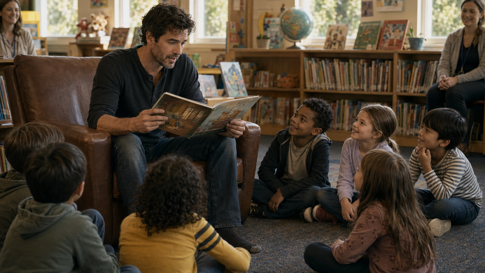 Bodhi reading a children’s book from a large leather chair while first graders sit on the school-library floor