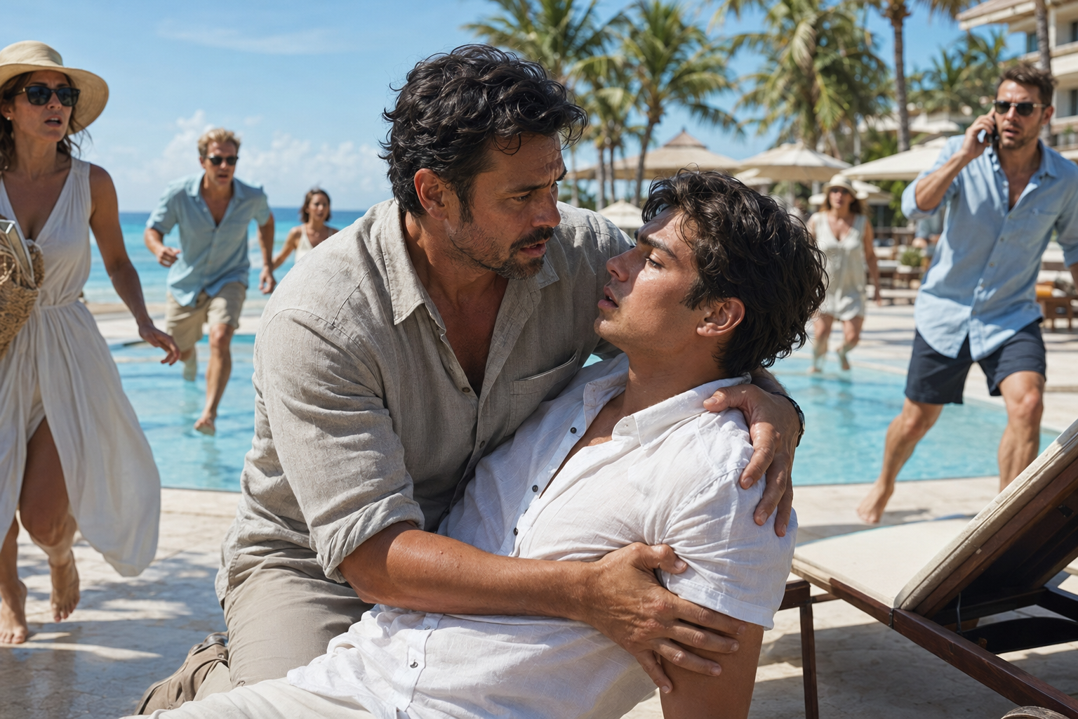 A father cradling his collapsed son beside a tropical resort pool while alarmed vacationers run for help