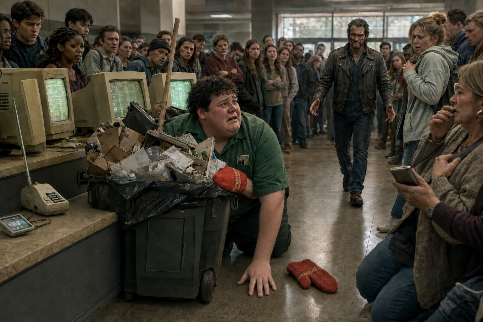 A frightened maintenance worker trapped behind an overflowing trash cart as old computers surround him and Limbo approaches through a university crowd