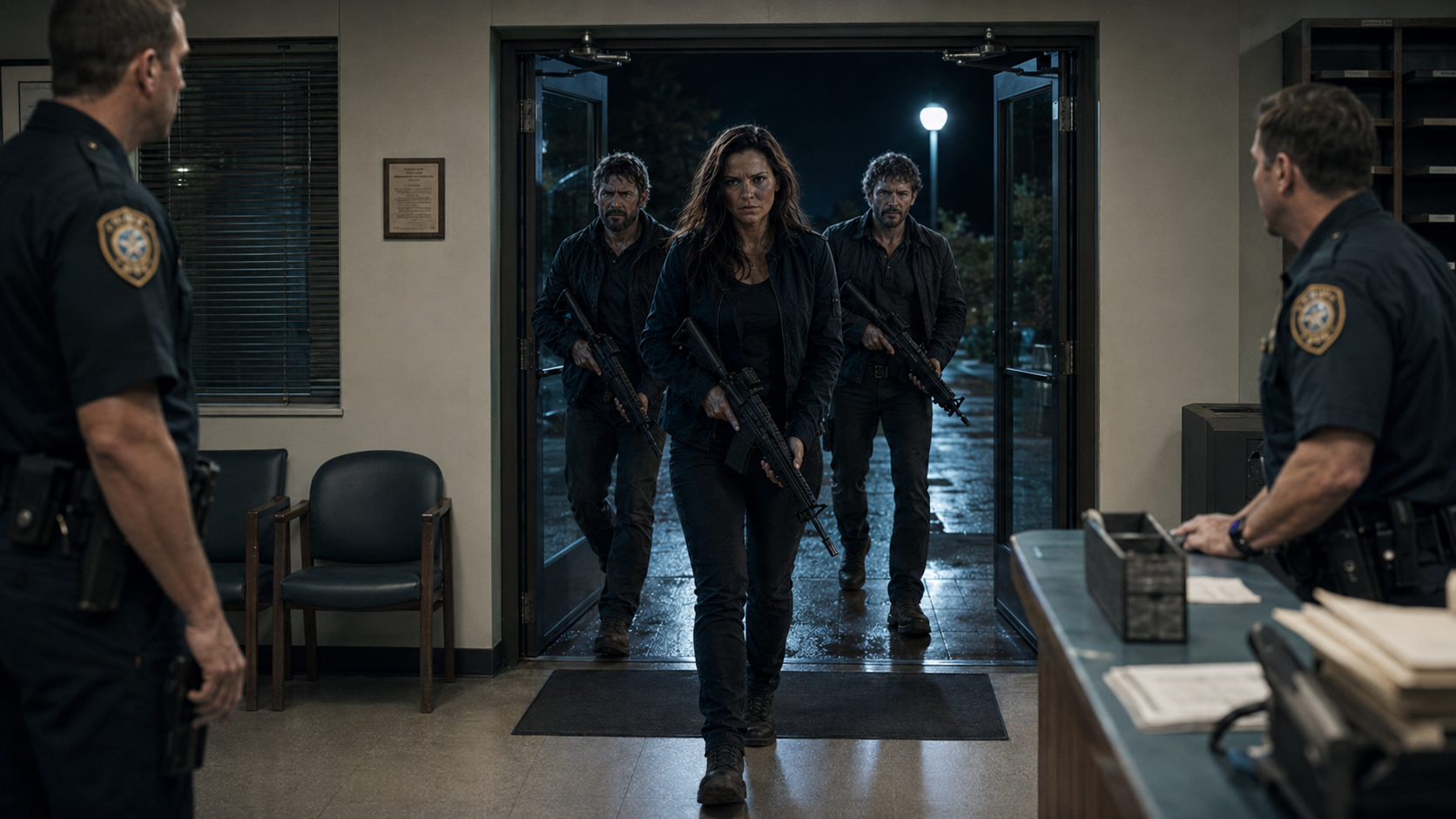 Kay leading Sagen and Eljen as they force their way into the sheriff’s station