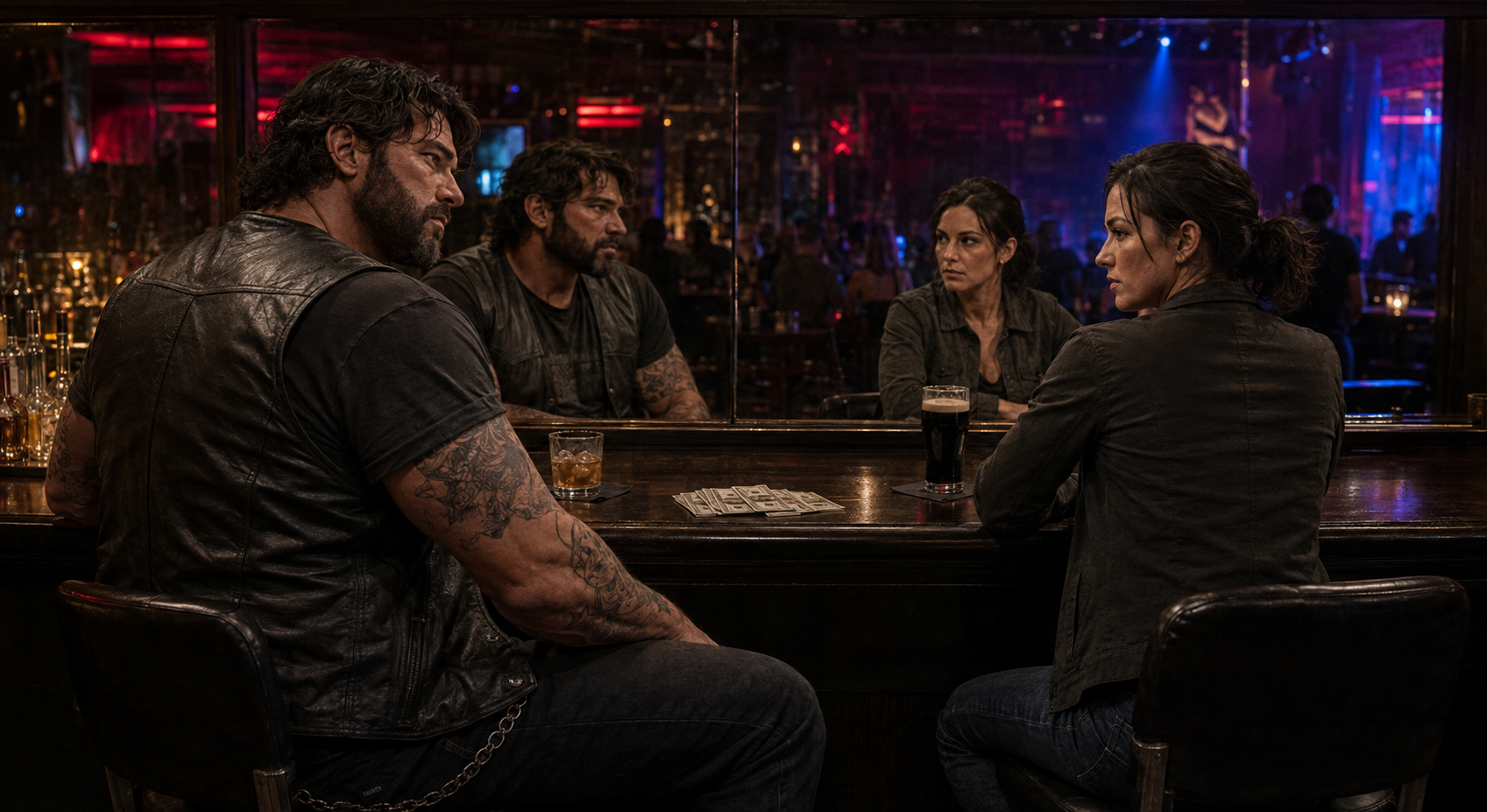 Gene and Kristy Lee sizing each other up through the mirror behind the Lounge bar with their drinks and five hundred dollars between them
