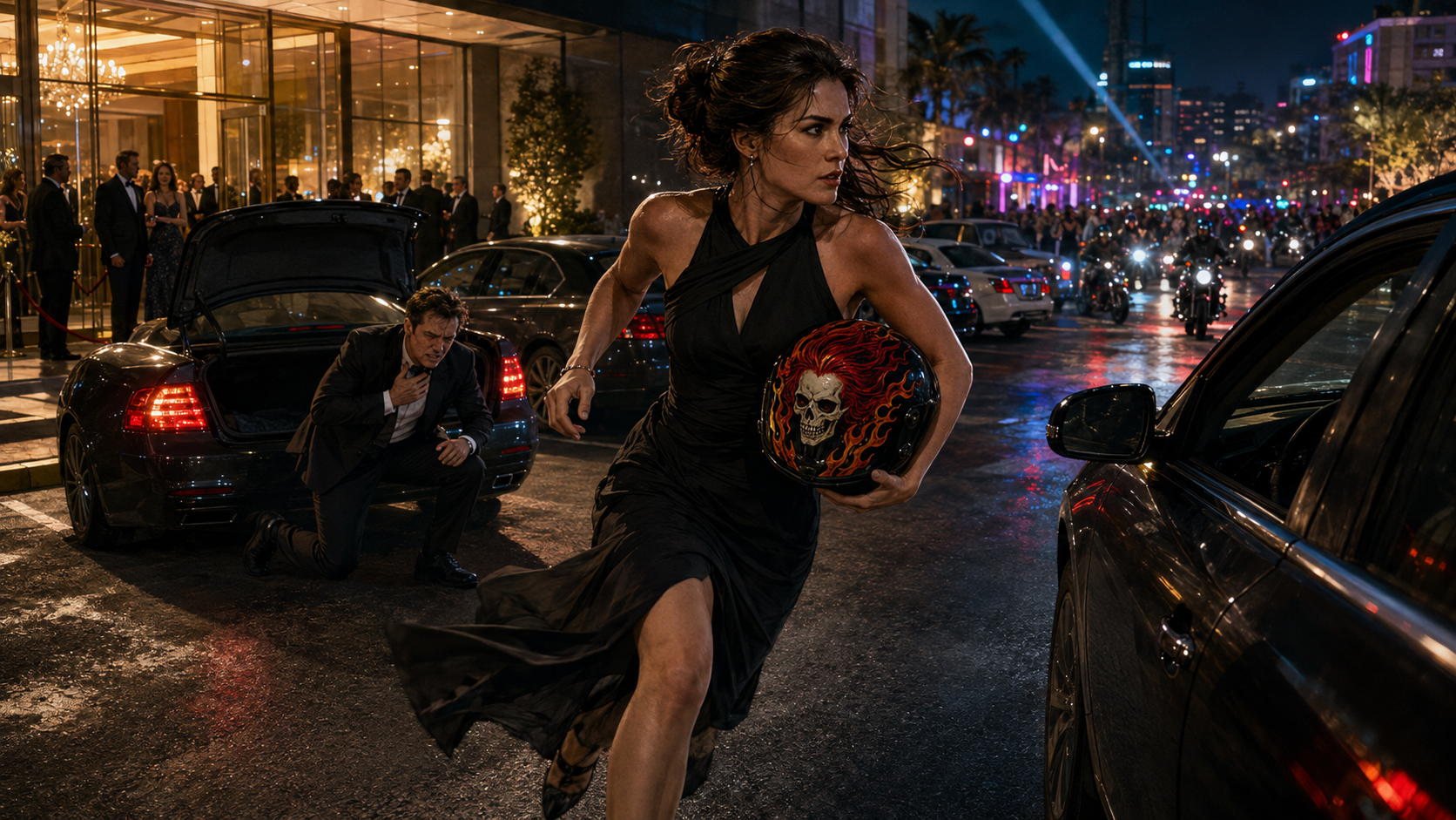 Kristy Lee sprinting from the Polmey Foundation Gala with Gene’s flaming-skull motorcycle helmet as Timothy Vale struggles to rise behind her