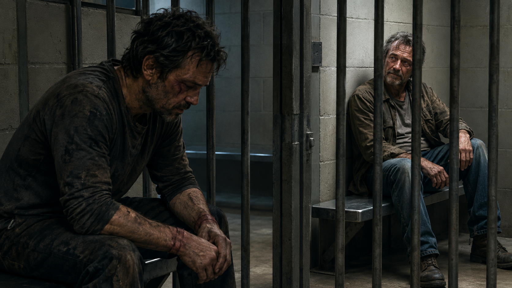 An exhausted, soot-covered Bodhi sitting with his head lowered in a jail cell while a worn-down father in the neighboring cell looks toward him through the bars