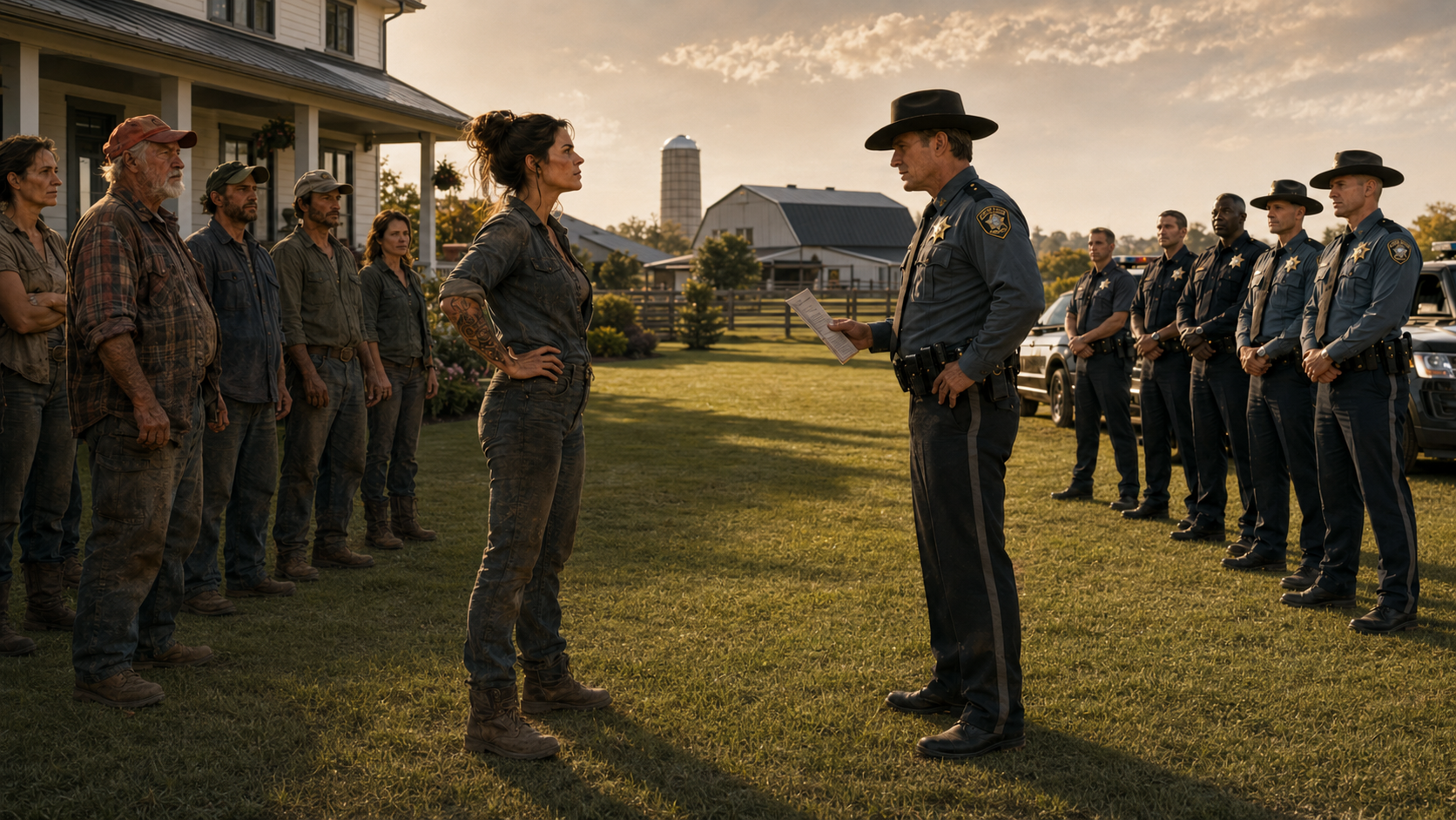 Kay standing with her hands on her hips opposite Sheriff Rook in the farmyard, with her people and his officers lined up behind them