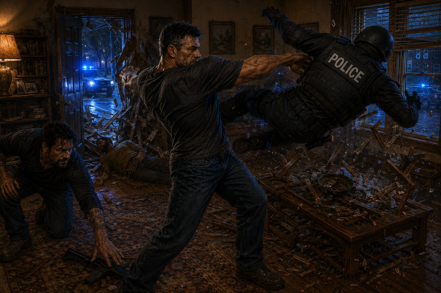 Dan hurls a black-clad false police officer through a coffee table as Gene reaches for a fallen rifle and blue lights fill the shattered living room