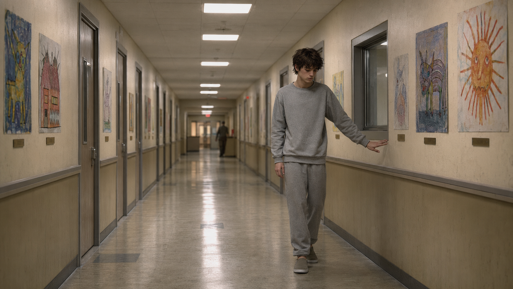 Tomas in plain institutional clothing walking alone along a beige Blackridge hallway with his shoulder against the wall