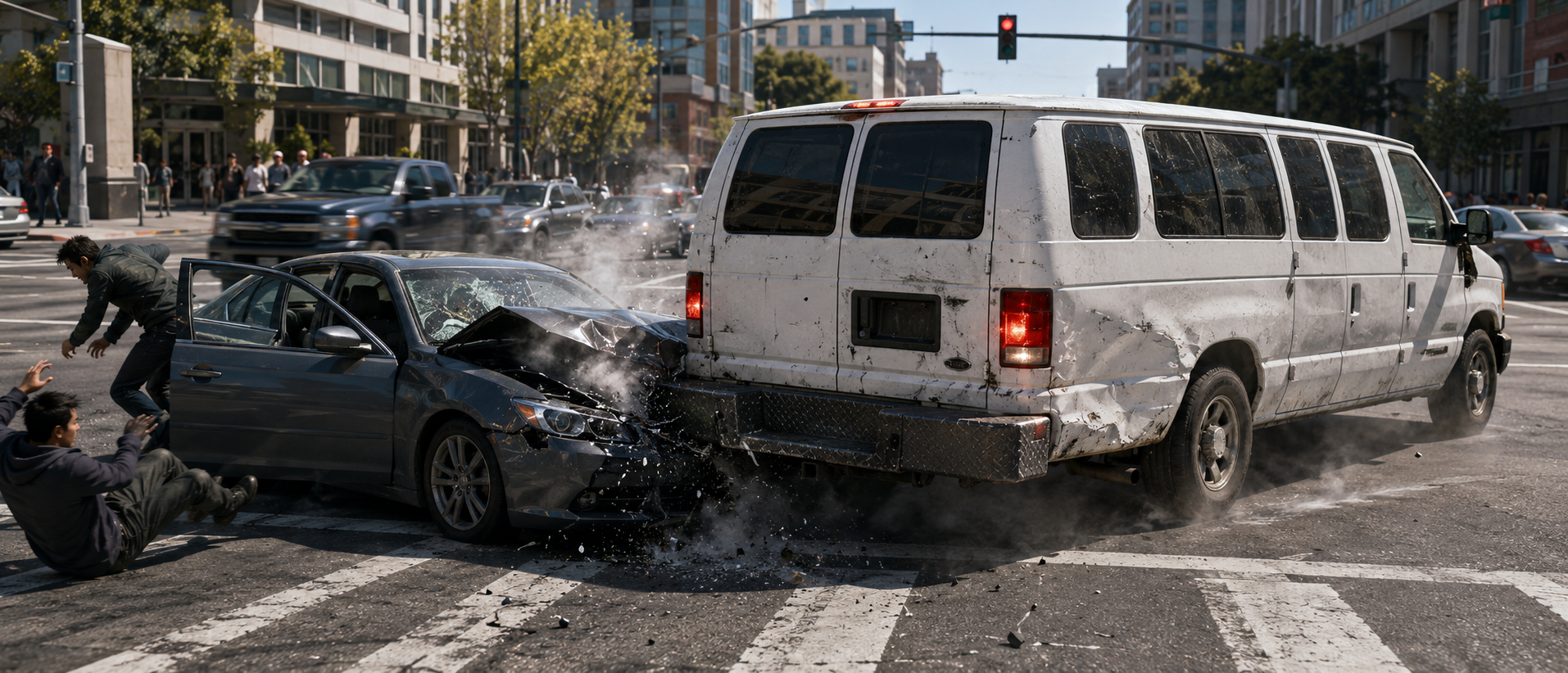 The battered white passenger van reversing into a gray sedan at a red-light intersection as the sedan’s hood buckles and steam erupts