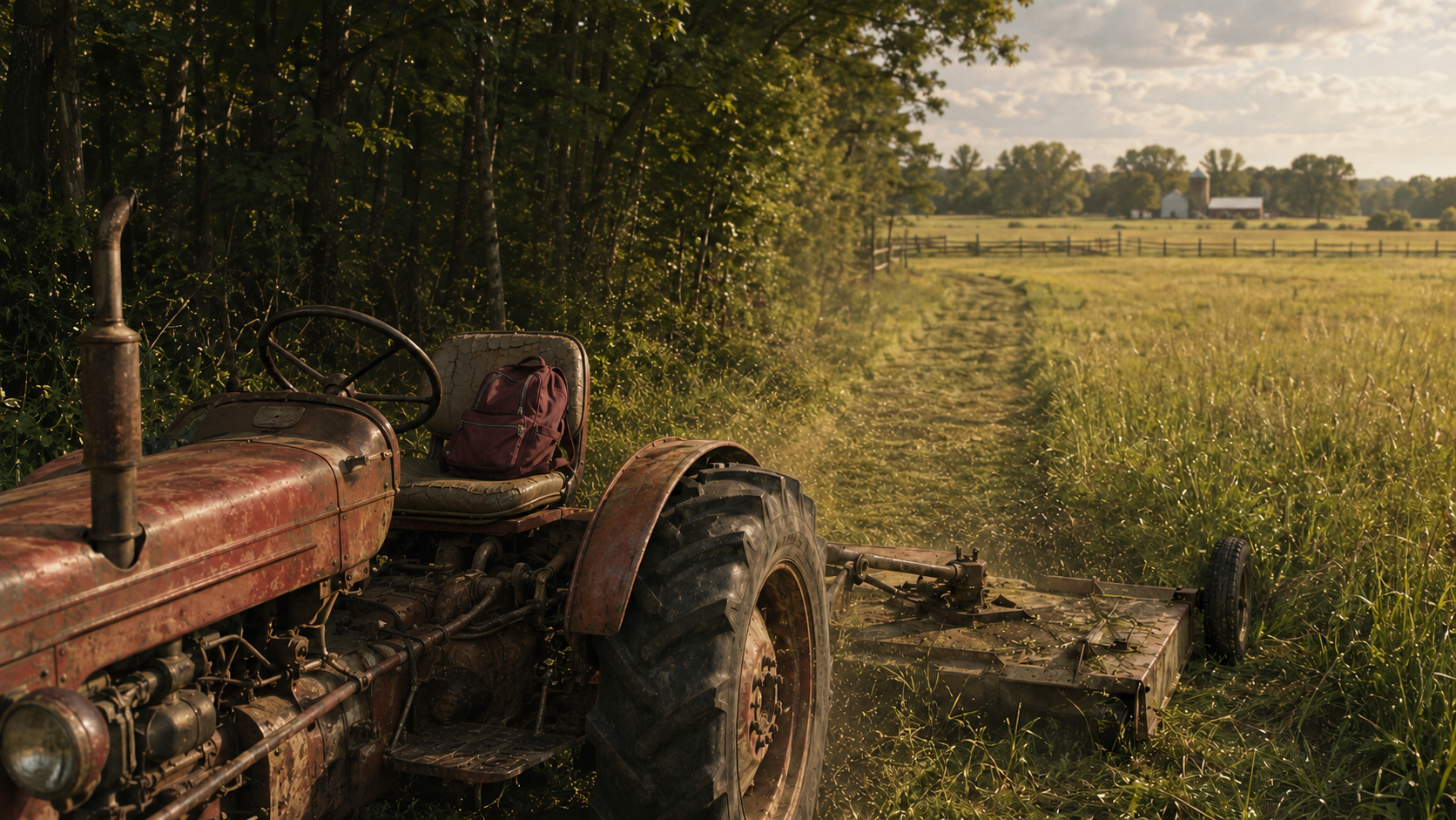 Red sitting alone on the cracked seat of a weathered tractor beside a field and dark woods