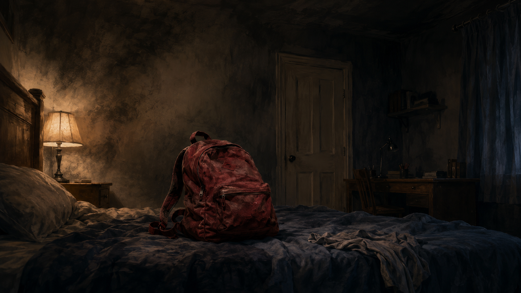 A worn red backpack sitting alone on Tomas’s bed in an empty, shadowed bedroom