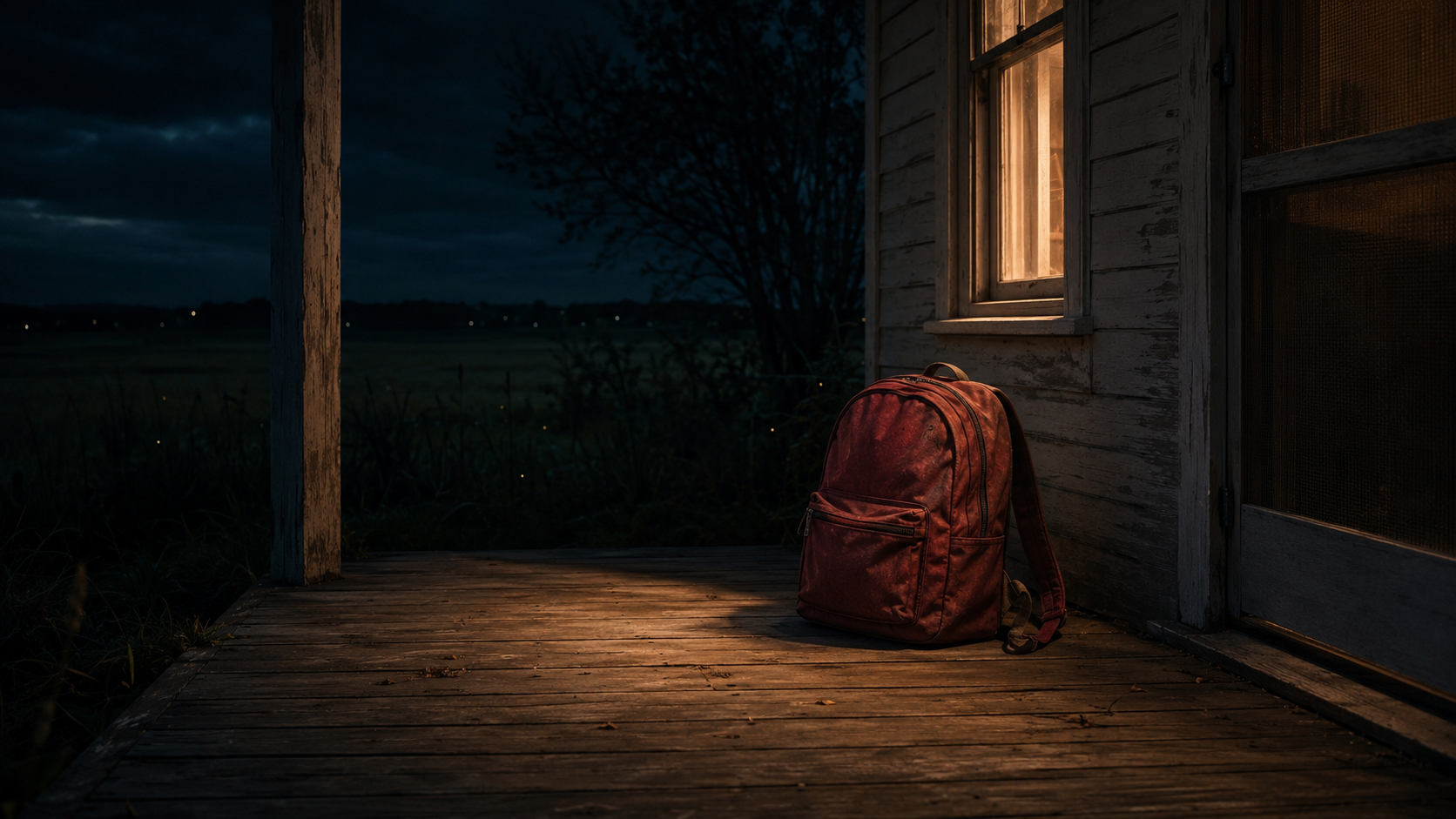 A worn red bookbag sitting alone on a farmhouse porch at night