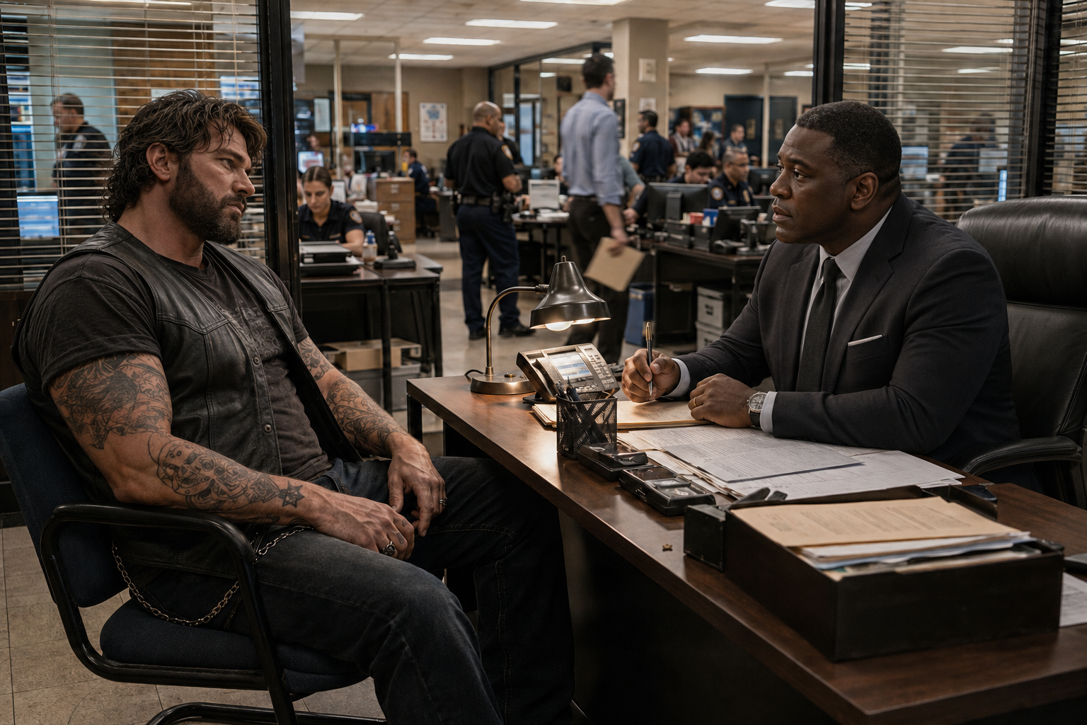 Gene sitting across Captain Charles Henderson’s desk while officers work throughout the busy open police station behind them