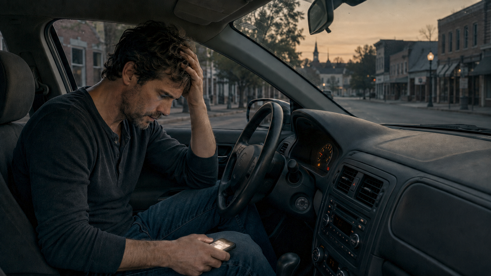 Bodhi sitting crushed inside his out-of-gas car at dawn with one hand pressed to his head