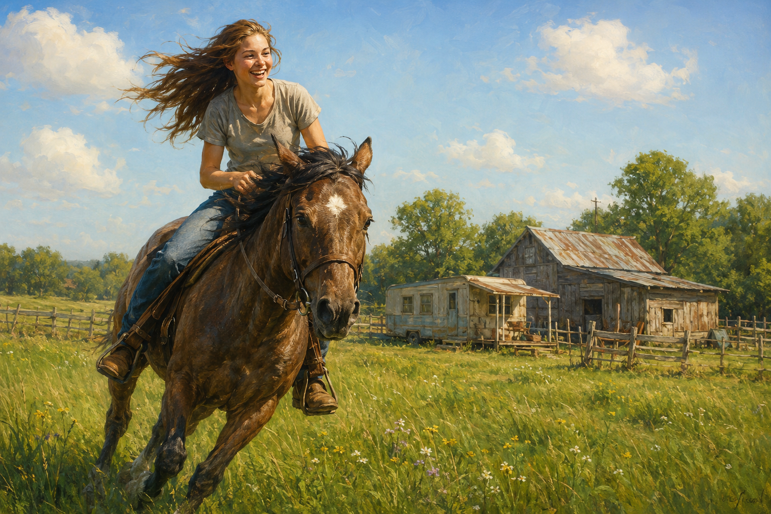 A carefree teenage Amber laughing as she rides a beloved brown horse through a sunny pasture beside her humble old stable